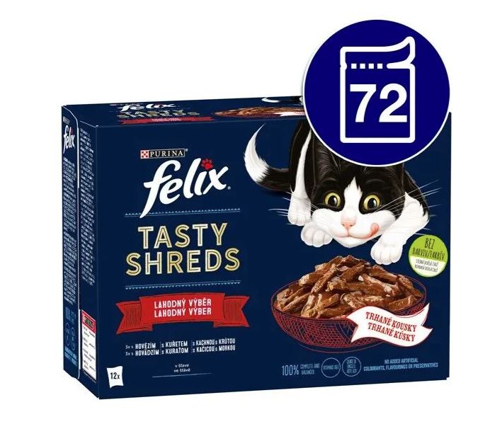Felix Tasty Shreds cat sachets beef, chicken, duck, turkey 72x80g