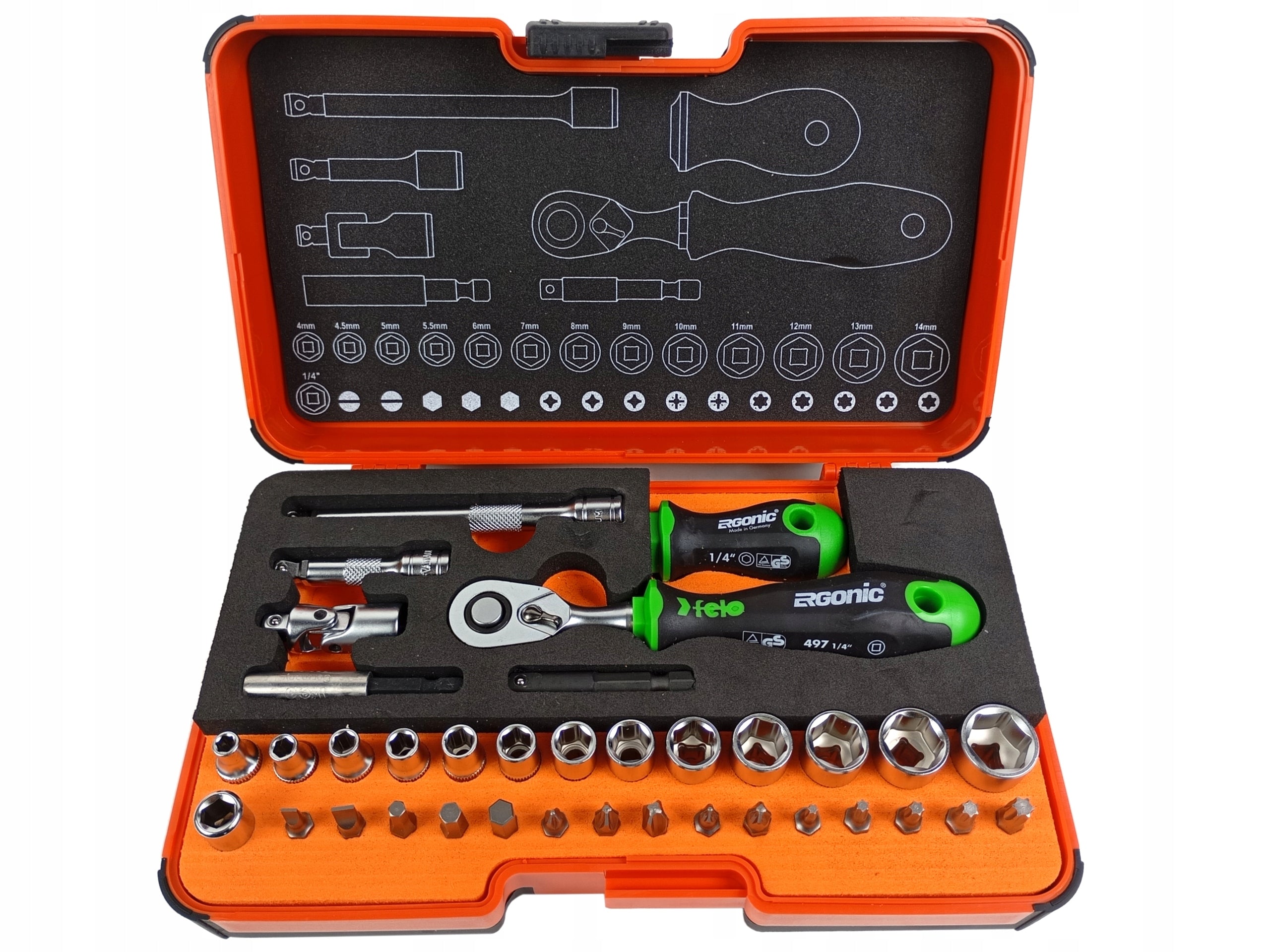 Felo R-GO XL wrench set 4-14 mm with 1/4" ratchet and PZ Torx PH bits Brand Felo