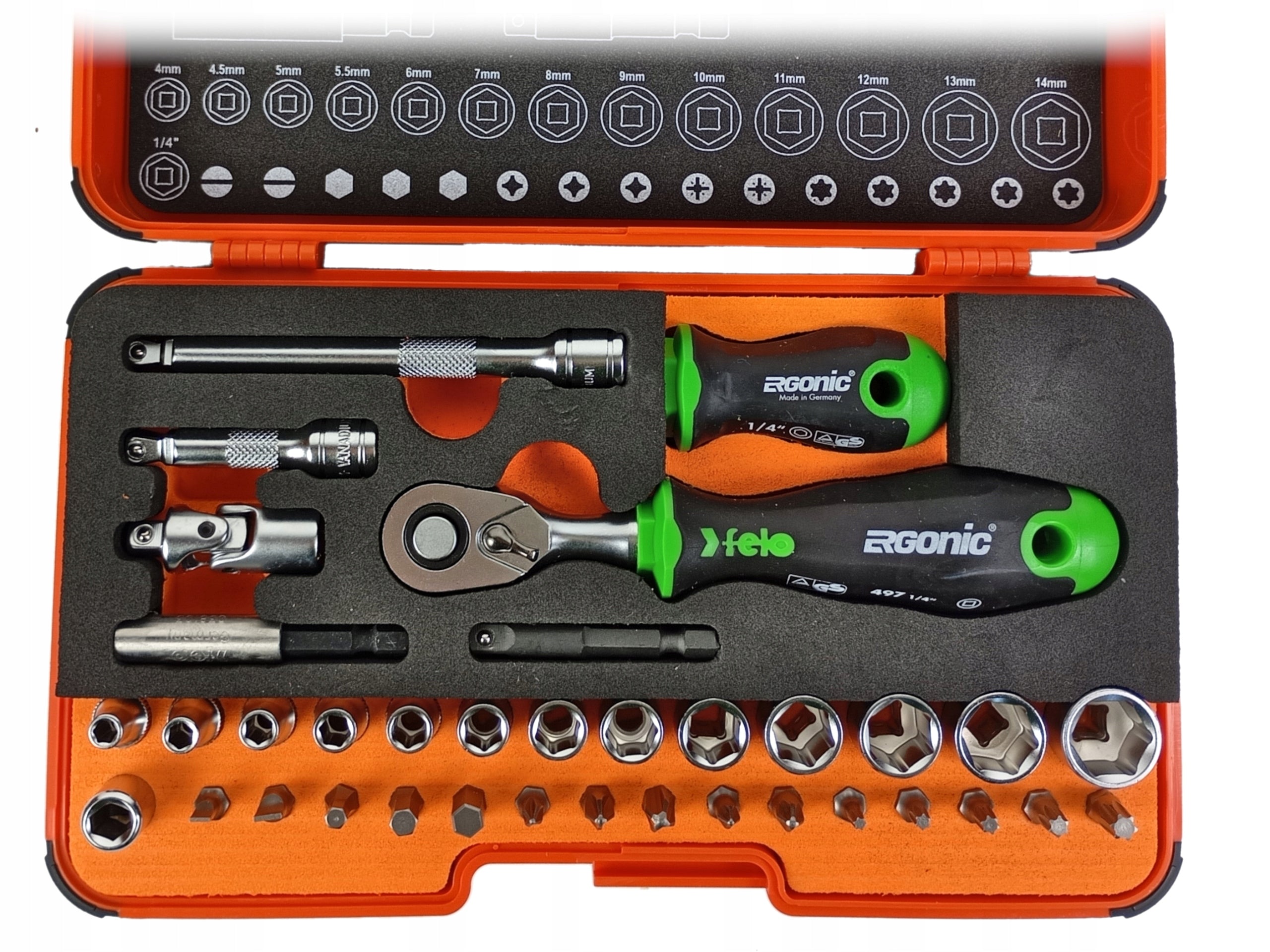 Felo R-GO XL wrench set 4-14 mm with 1/4" ratchet and PZ Torx PH bits