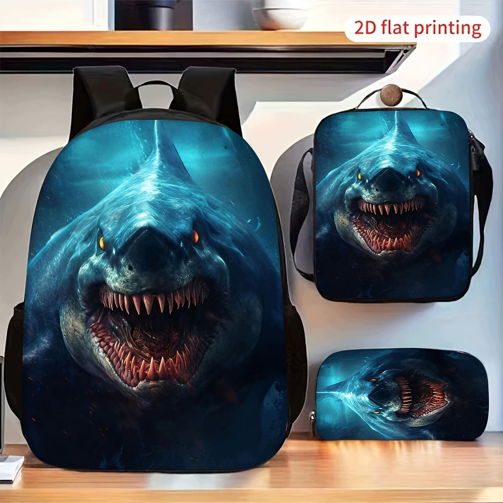 Fierce Shark Pattern 3-Piece Backpack Set with Matching Bag