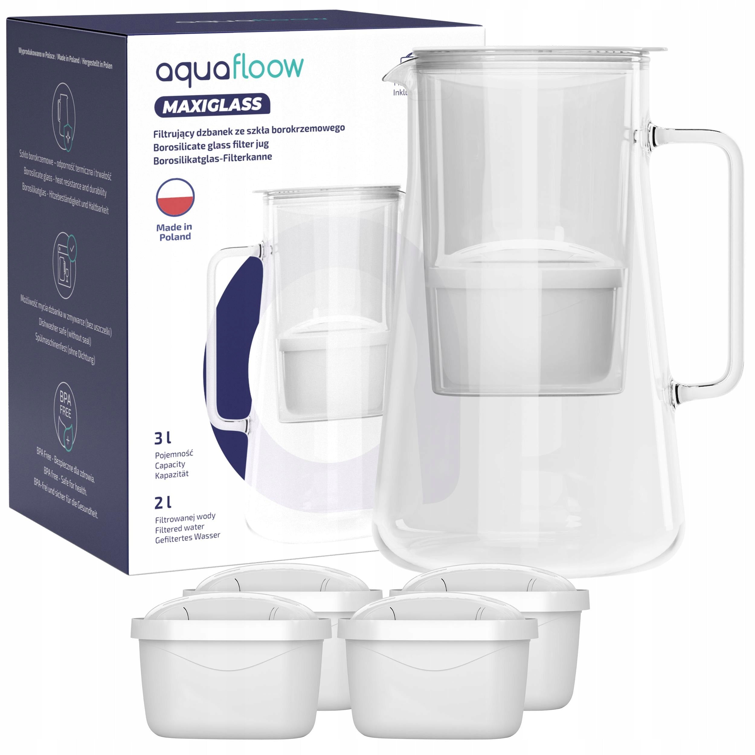 Filter JUG GLASS AquaFloow MaxiGlass 3l + 5x WATER CARTRIDGE