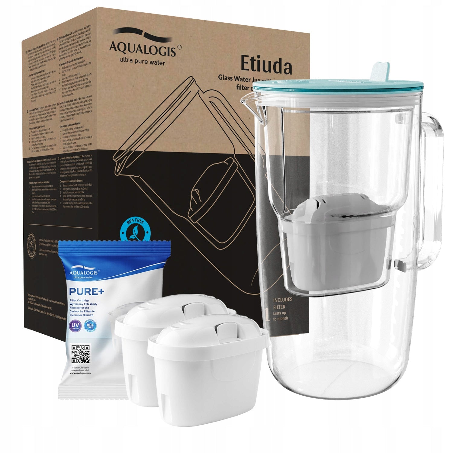 Filter Jug Glass Etude Blue + 2 Pure+ Water Cartridges