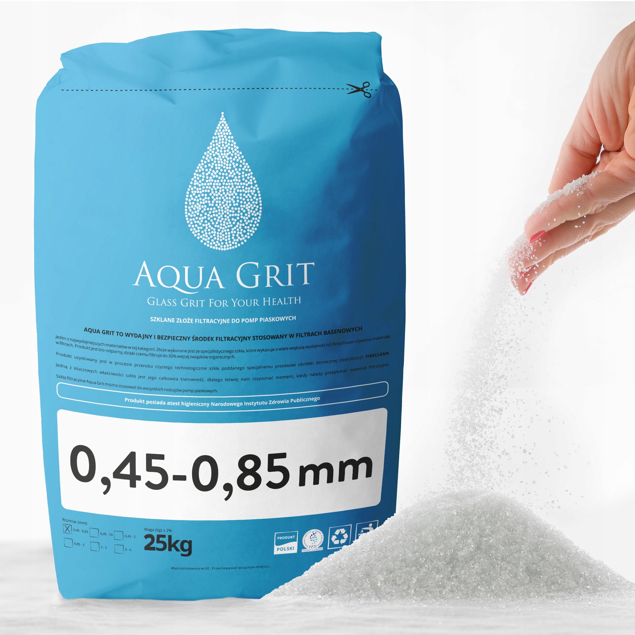 Filter bed - filter glass 0,45 - 0,85 mm Aqua Grit PZH Certificate 25kg