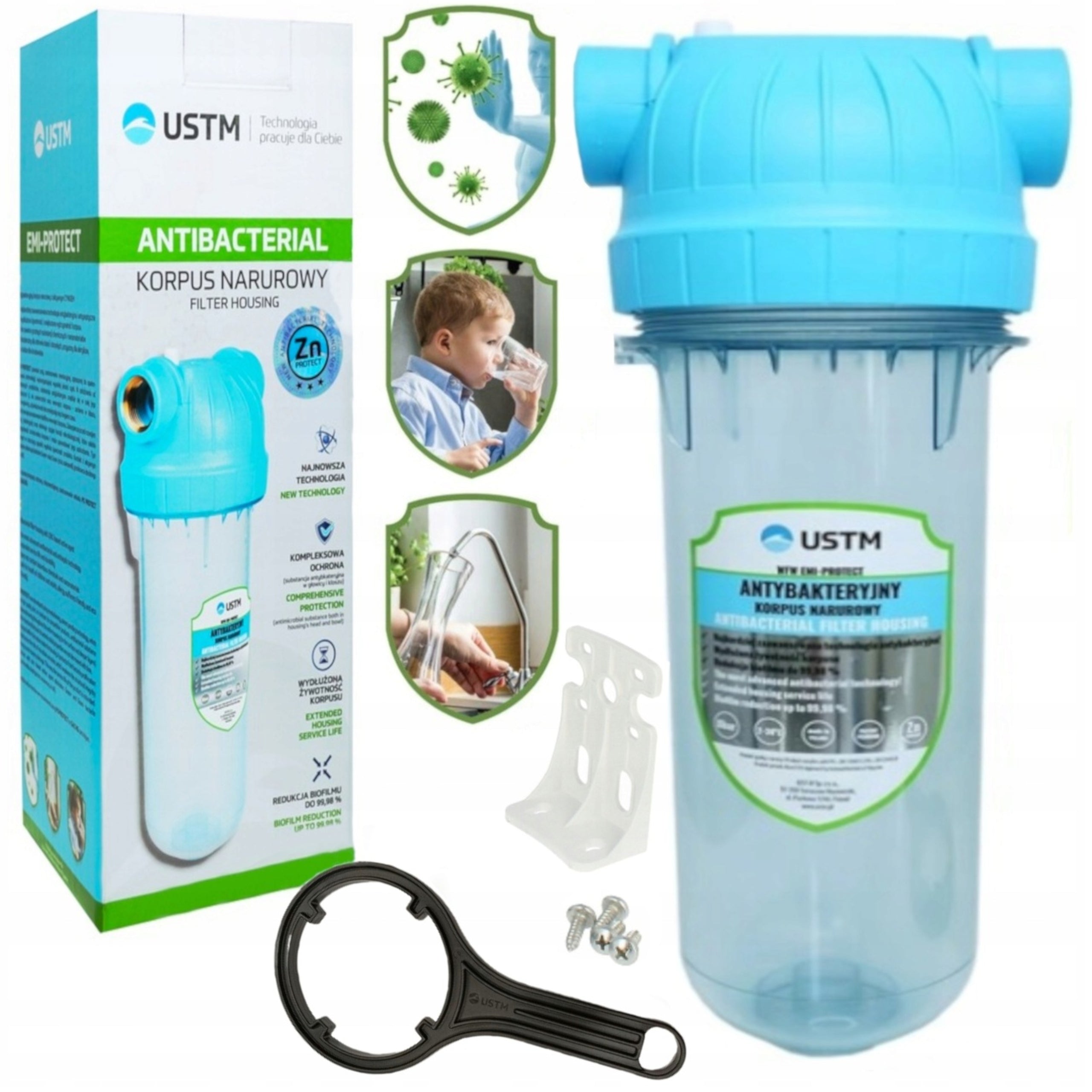 Filter body 10" Emi Protect antibacterial connection 1" + key + handle