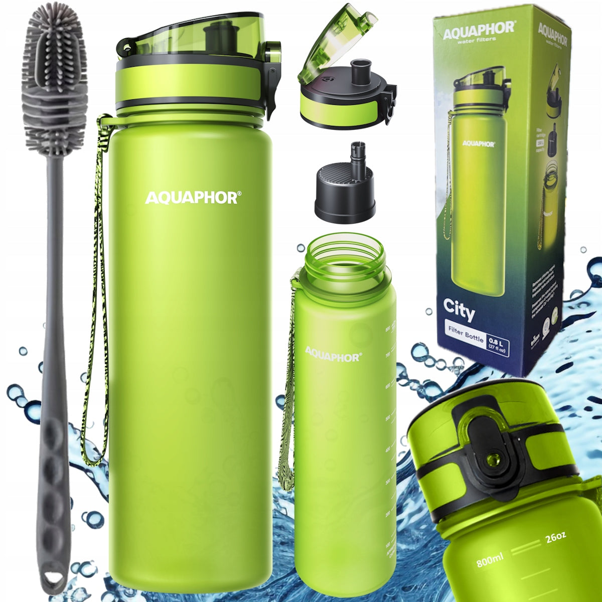 Filter bottle AQUAPHOR CITY green 0,8l + cleaning brush