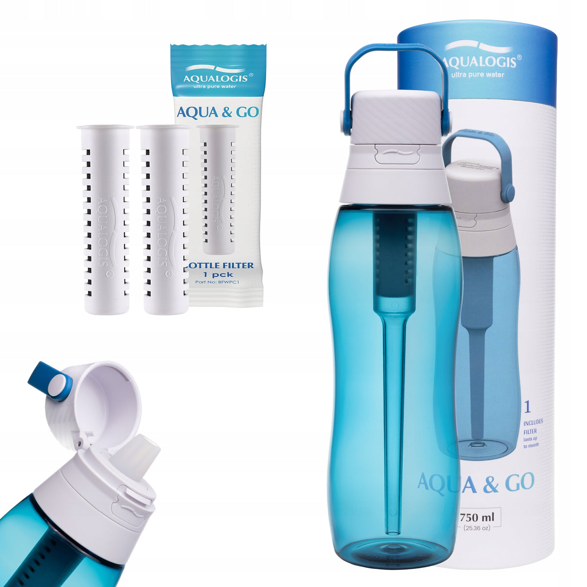 Filter bottle Aqualogis Aqua&Go 0,75 l blue + 2 refills
