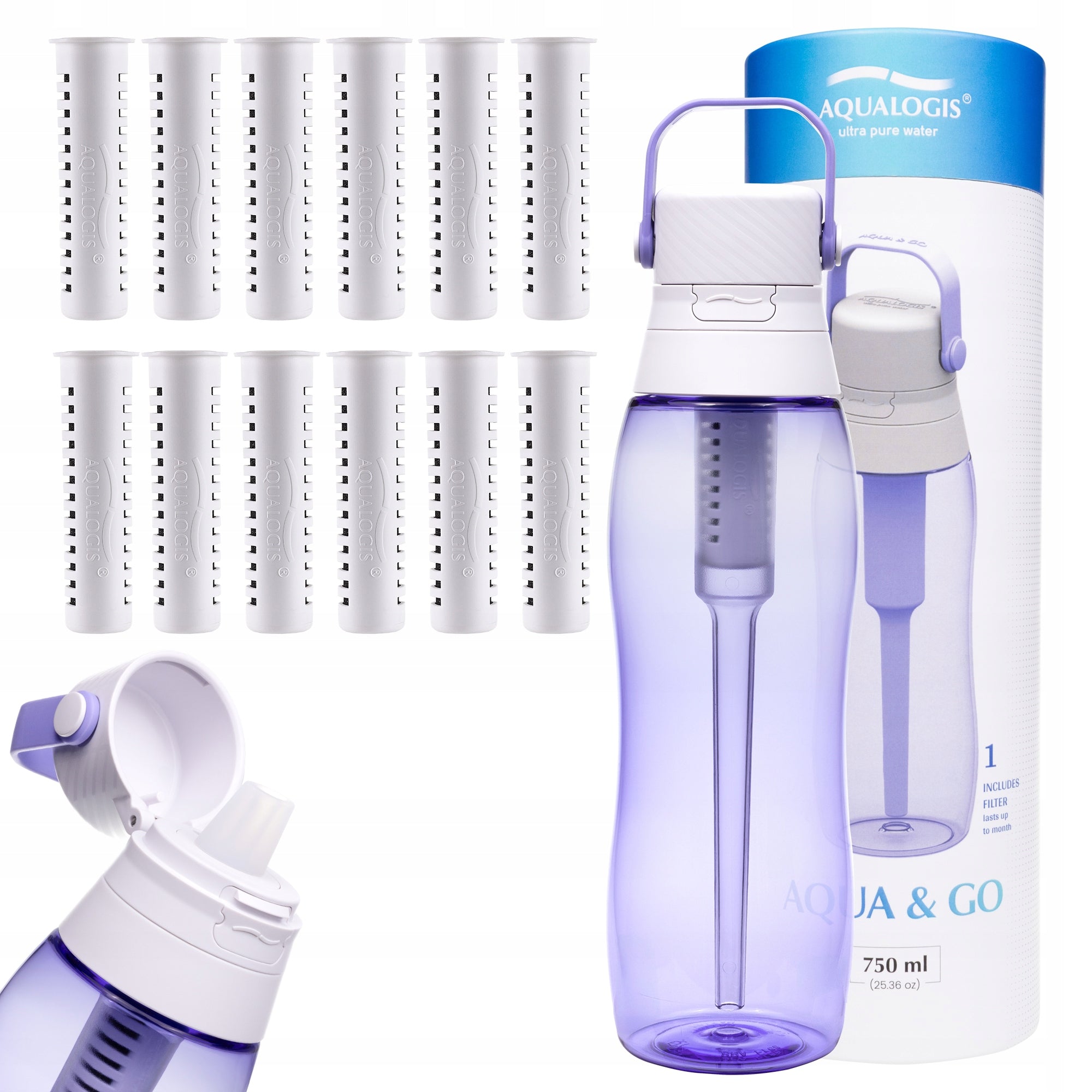 Filter bottle Aqualogis Aqua&Go 0,75 l purple + 12 refills