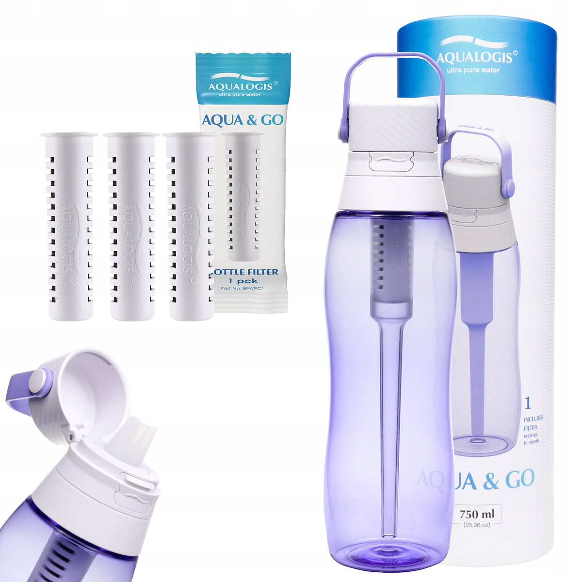 Filter bottle Aqualogis Aqua&Go 0,75 l purple + 3 refills
