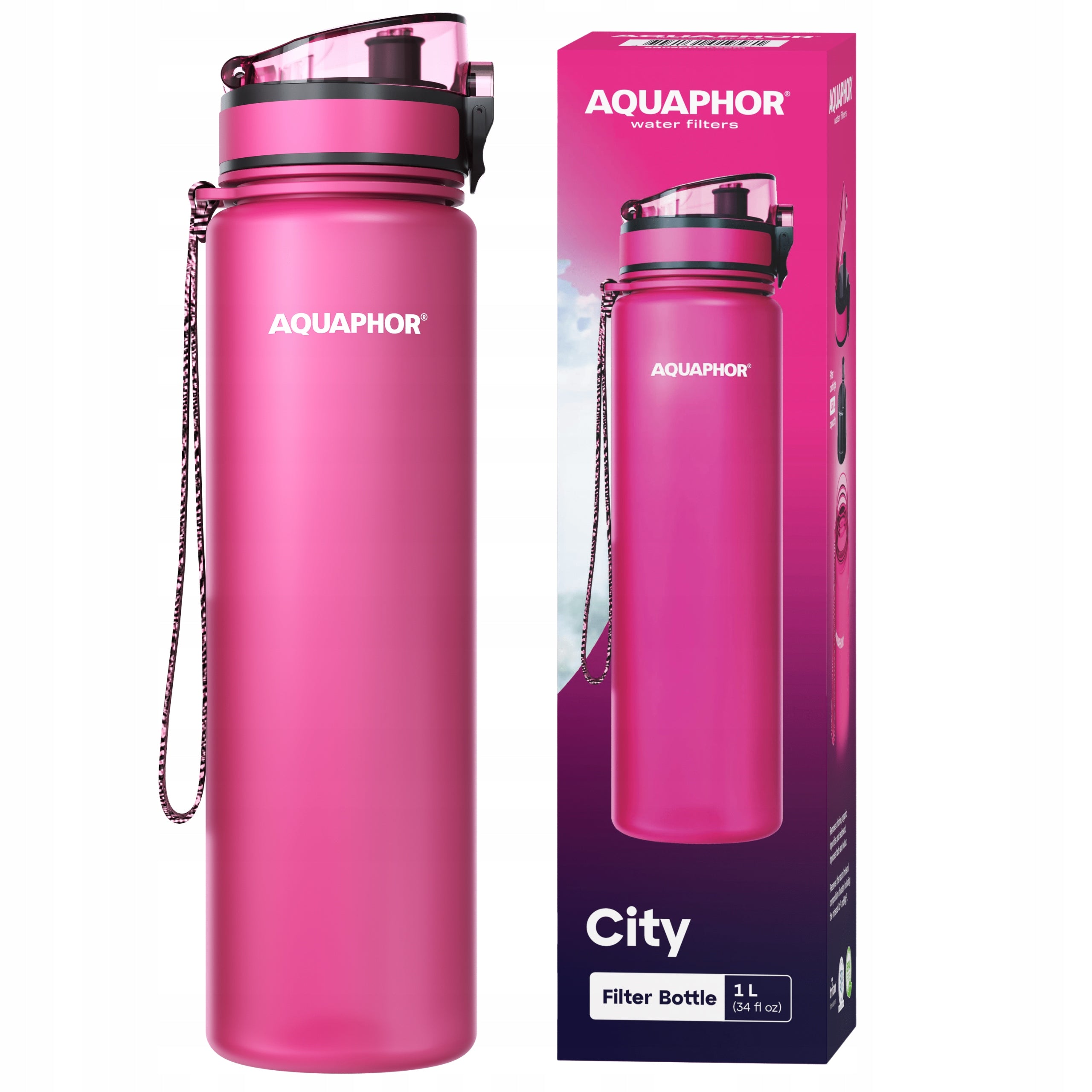 Filter bottle Aquaphor City 1L Pink Water bottle + filter cartridge Packaging status original