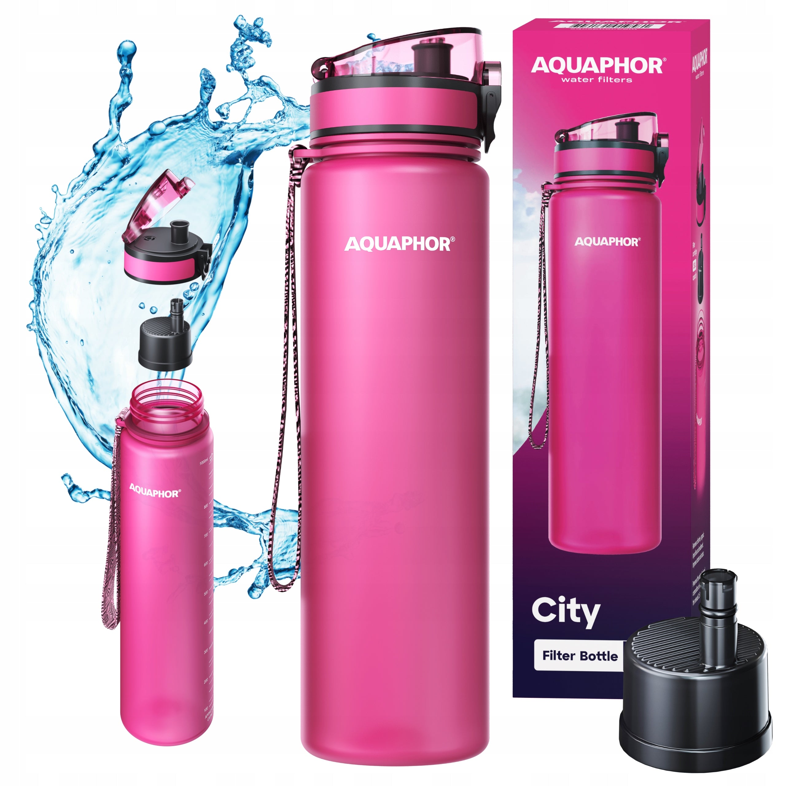 Filter bottle Aquaphor City 1L Pink Water bottle + filter cartridge