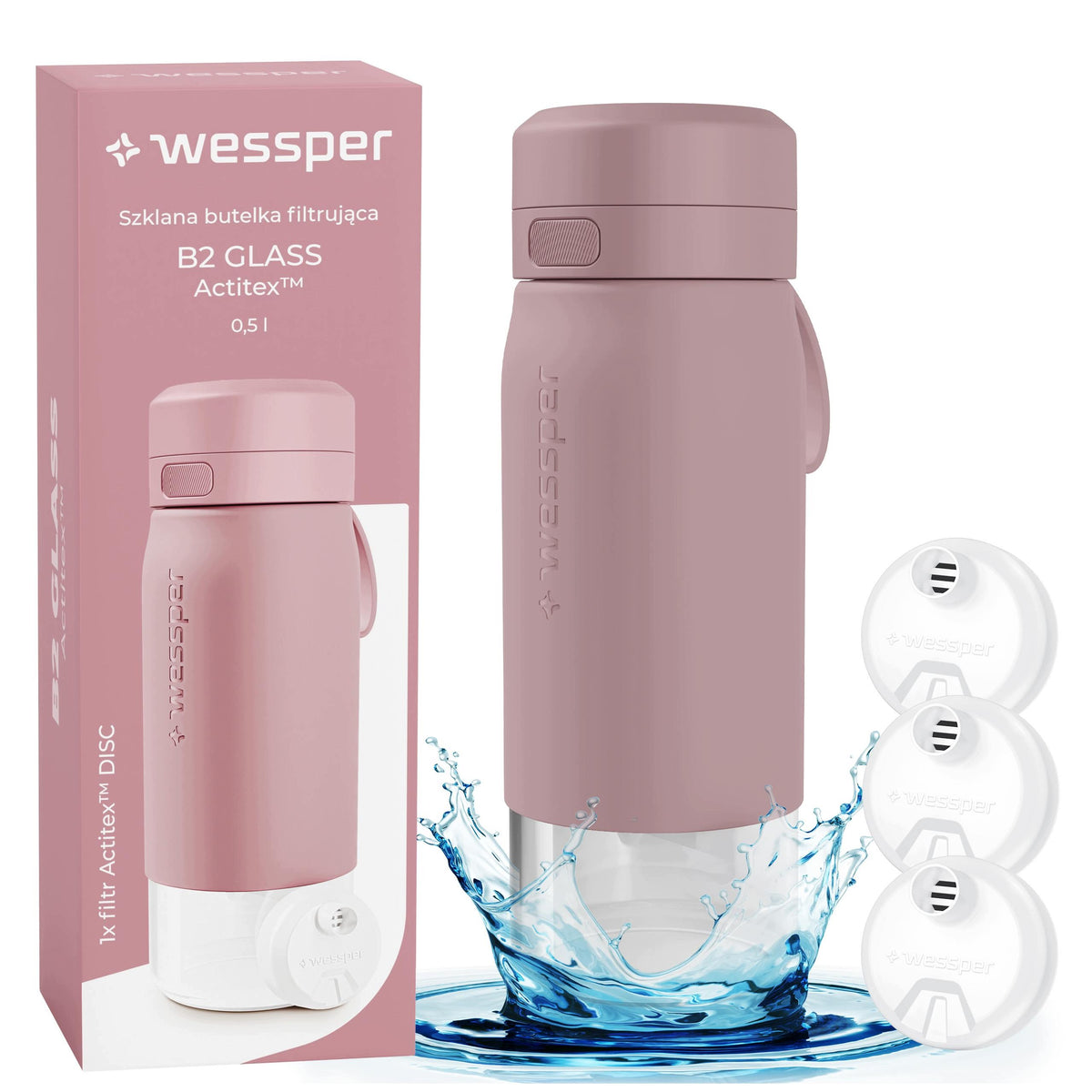 Filter bottle glass water bottle WESSPER B2 ACTITEX 500ml +3x filter