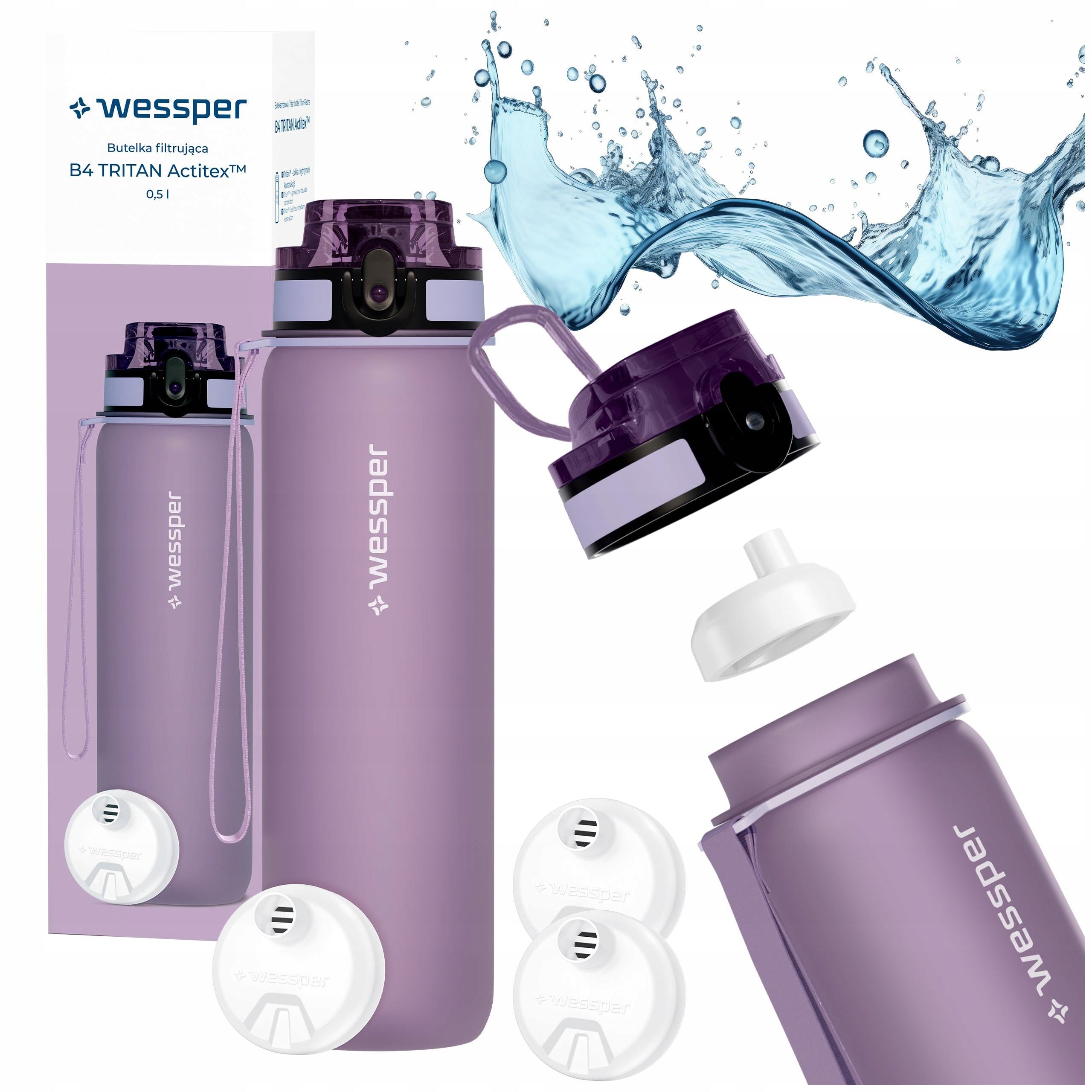 Filter bottle motivational water bottle tritan Wessper B4 + 3x filters
