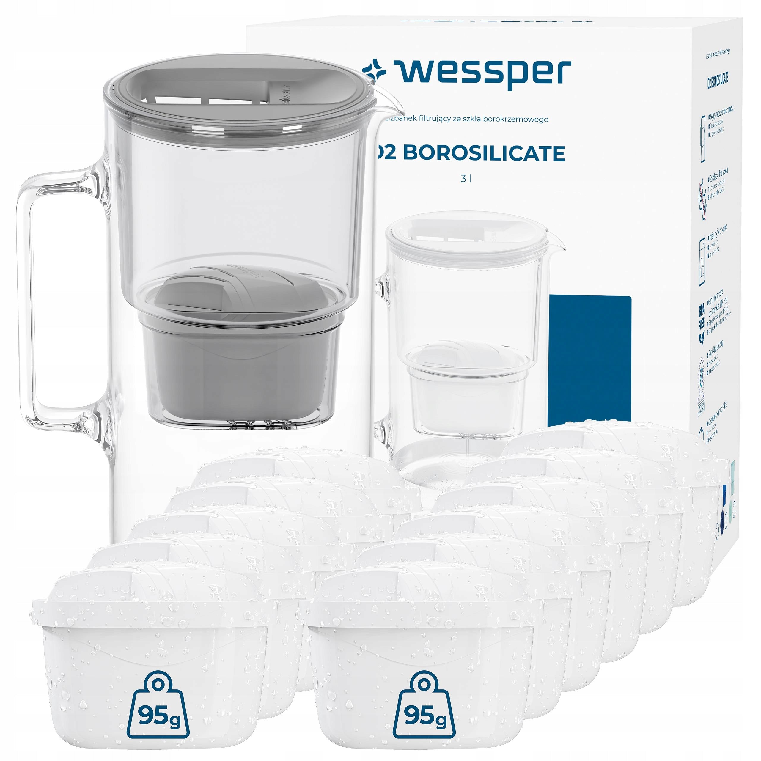 Filter glass jug Wessper D2 Borosilicate 3l grey + 12x filter