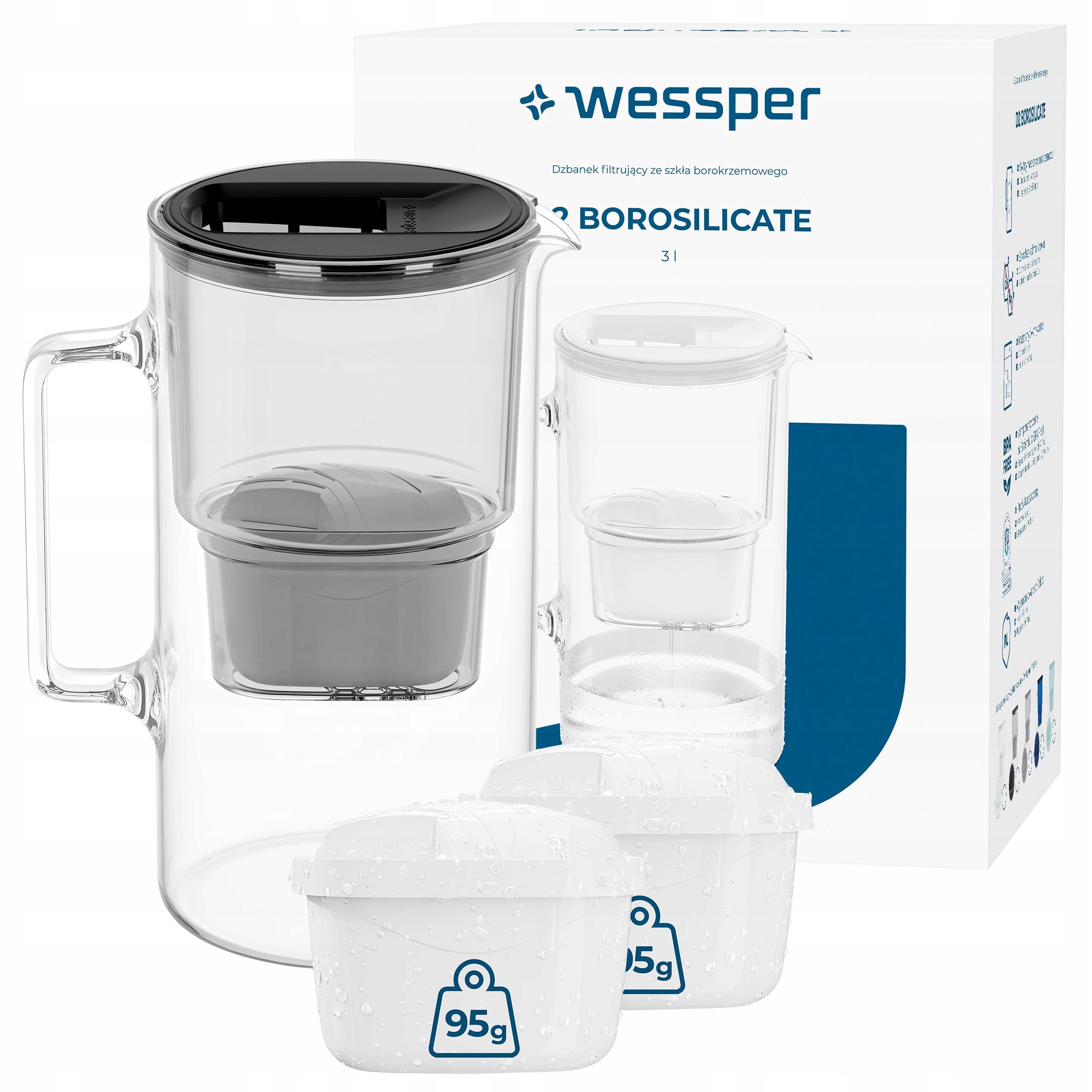 Filter jug Wessper D2 BOROSILICATE 3l black + 3x filter