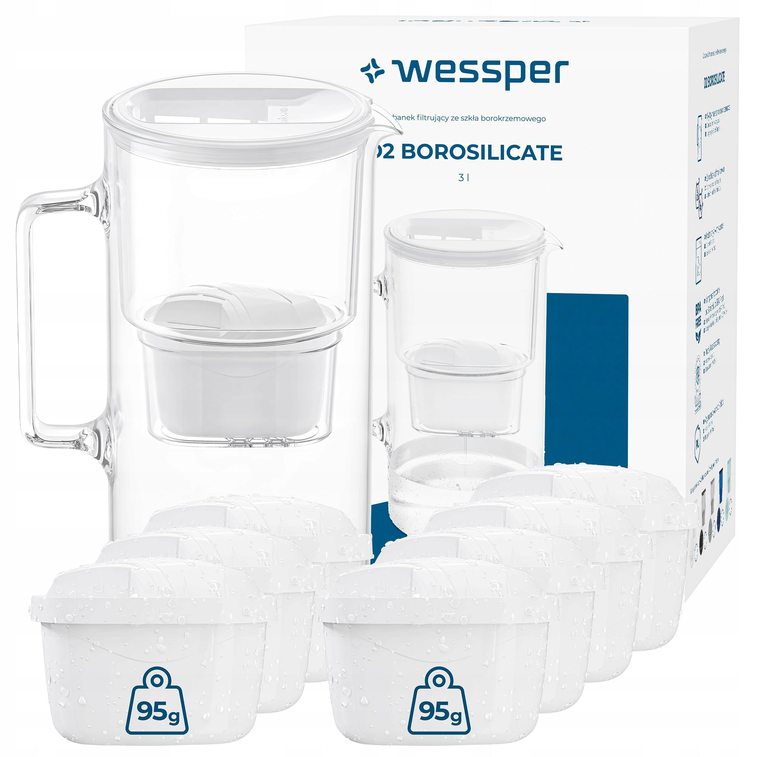 Filter jug Wessper D2 BOROSILICATE 3l black + 8x water filter