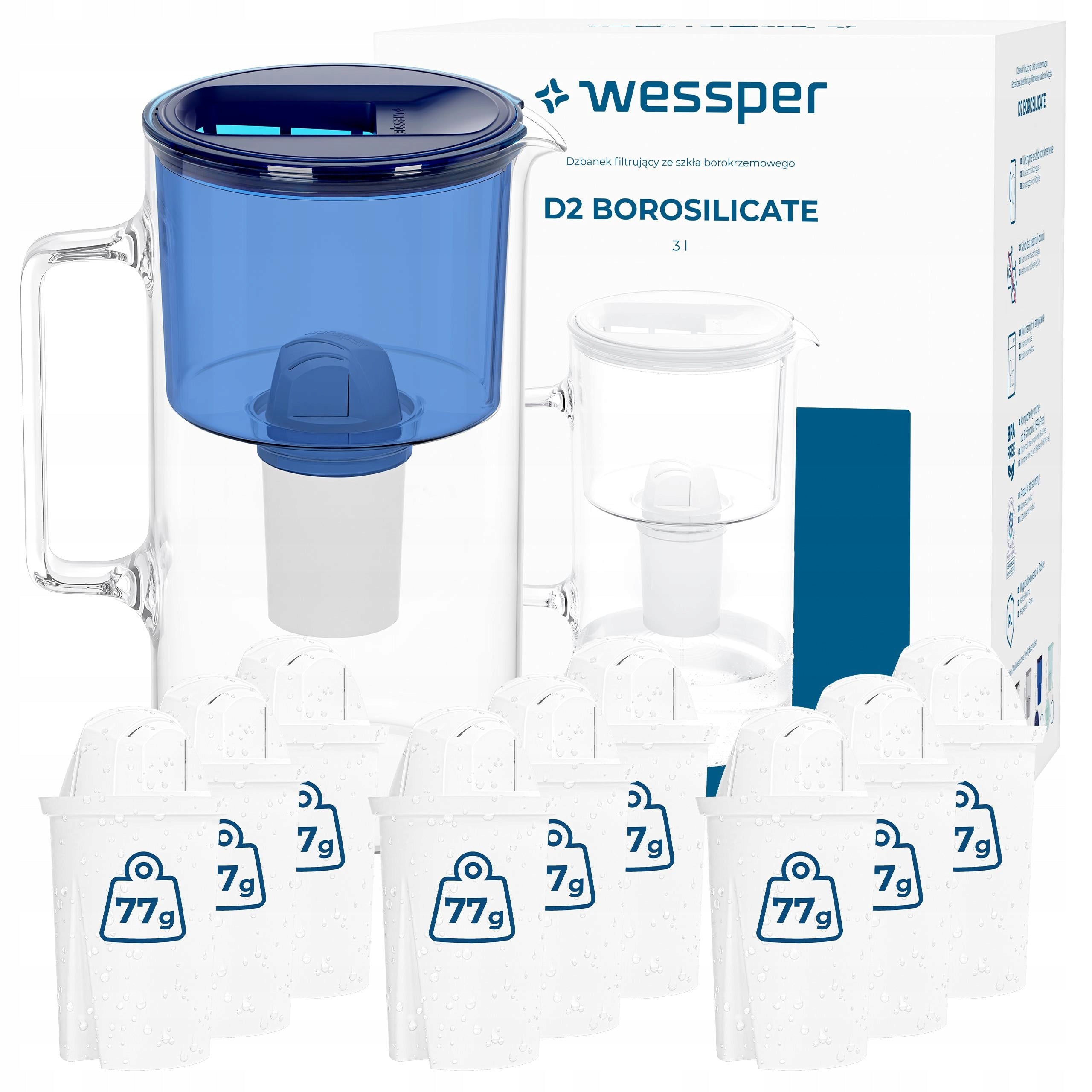 Filter jug Wessper D2 BOROSILICATE 3l blue + 10x water filter