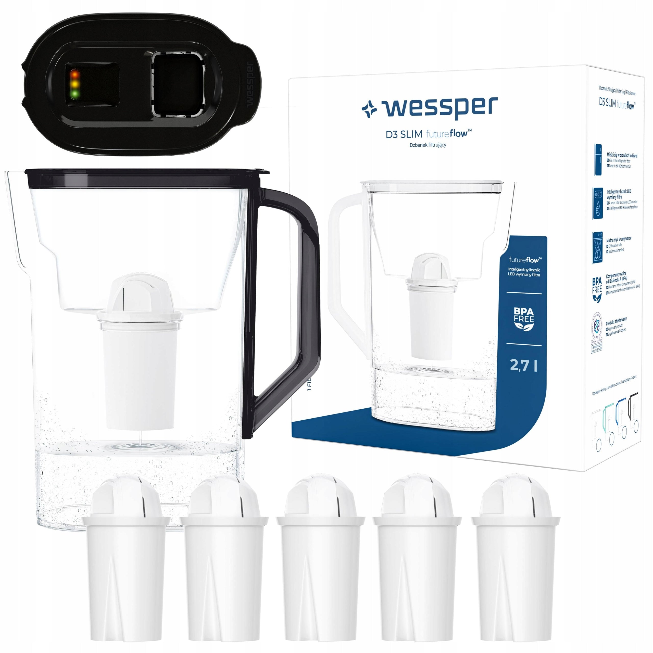 Filter jug Wessper for refrigerator door futureflow LED + 6x water filter