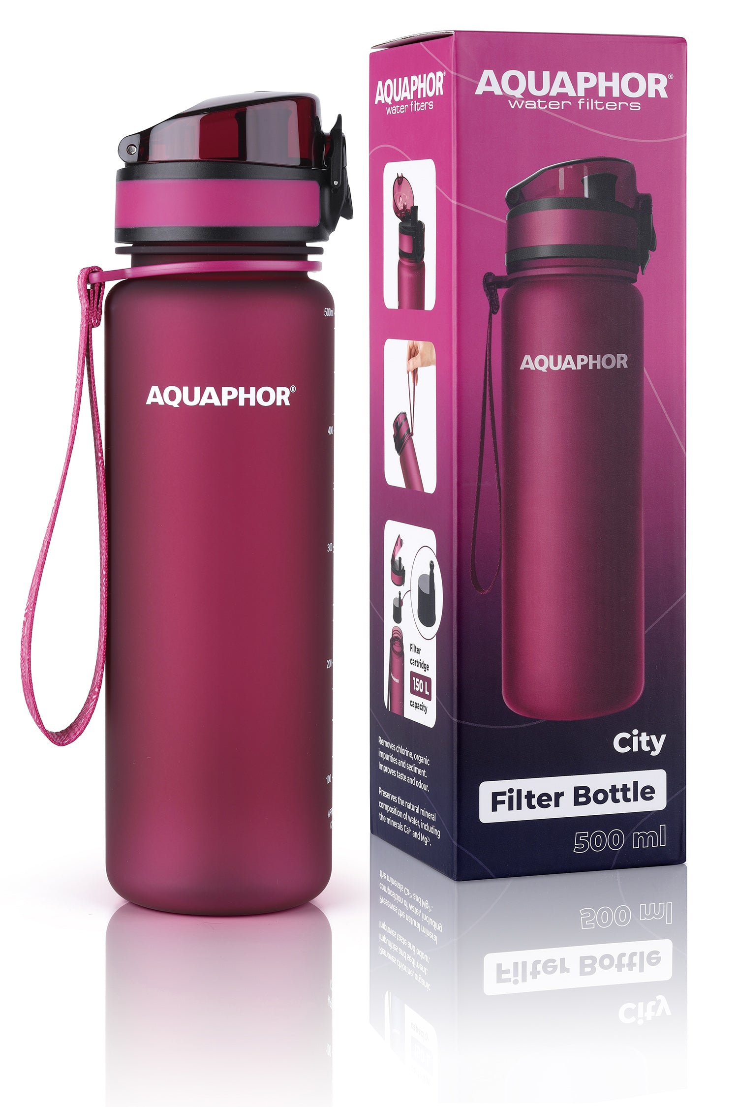 Filter water bottle Aquaphor City 0,5l burgundy 2 carbon filters Manufacturer code City B + 0,5