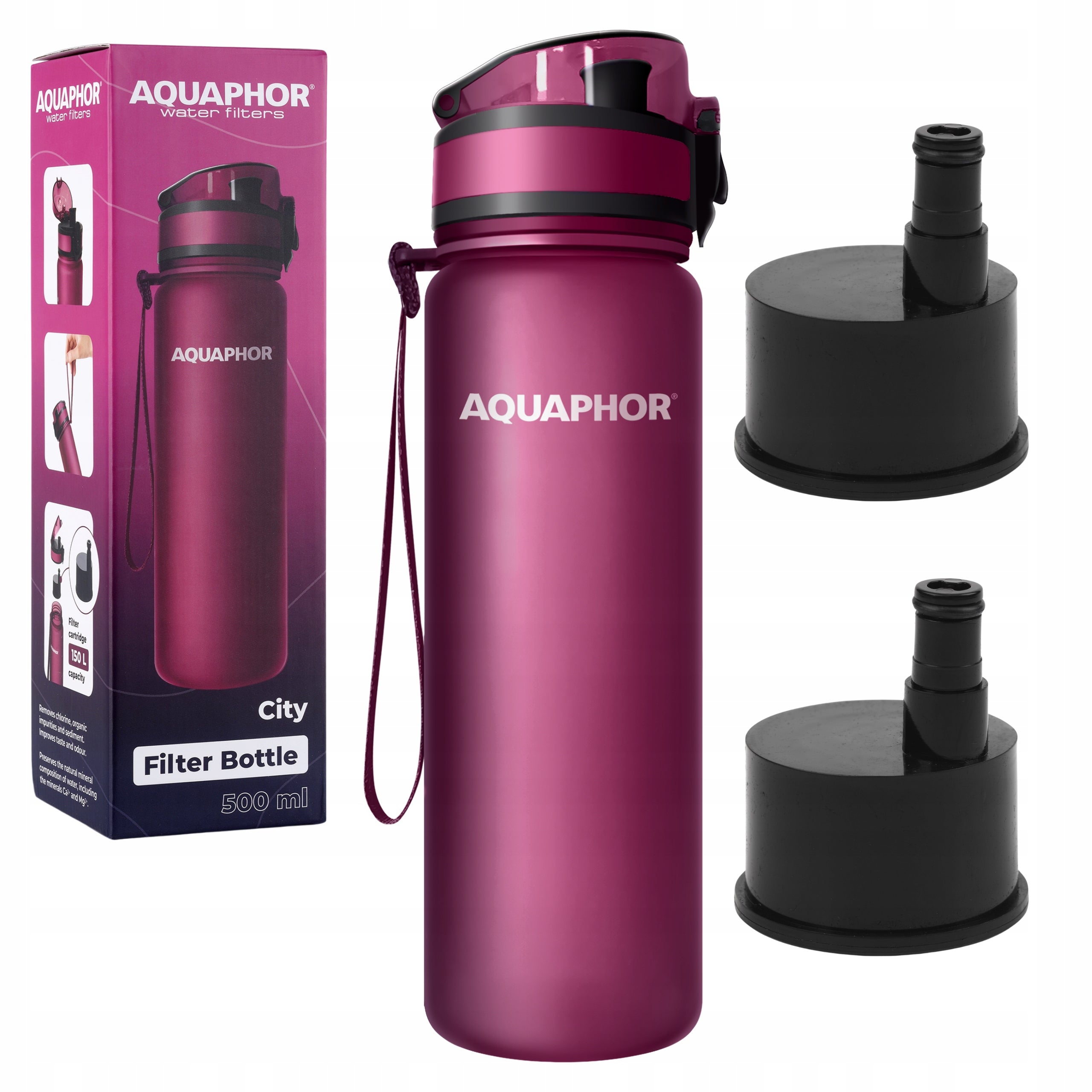 Filter water bottle Aquaphor City 0,5l burgundy 2 carbon filters