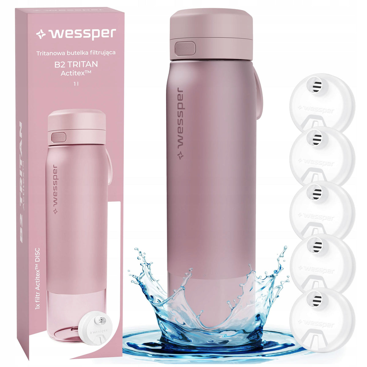 Filtering water bottle Wessper B2 1L water bottle + 5x filter