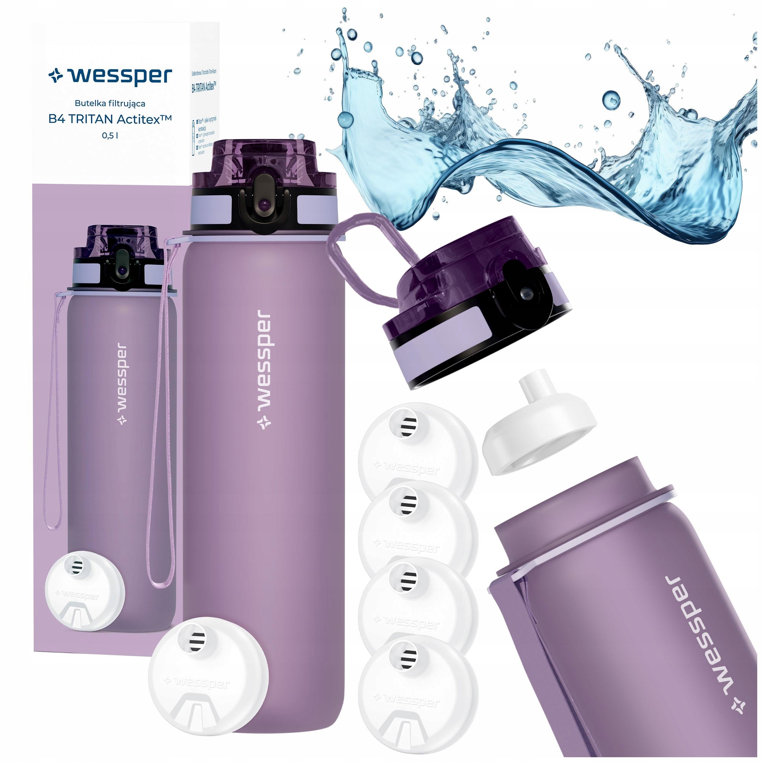 Filtering water bottle Wessper B4 0,5L motivational tight + 5x filter