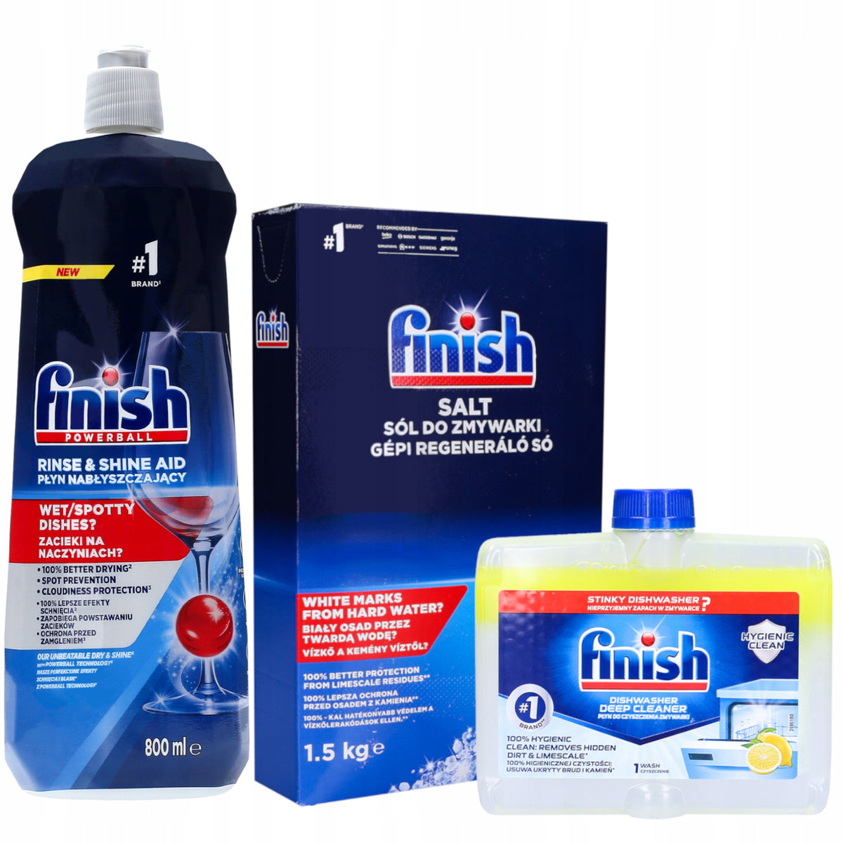 Finish Dishwasher Set Shine 800ml Salt 1,5kg Cleaner 250ml Lemon
