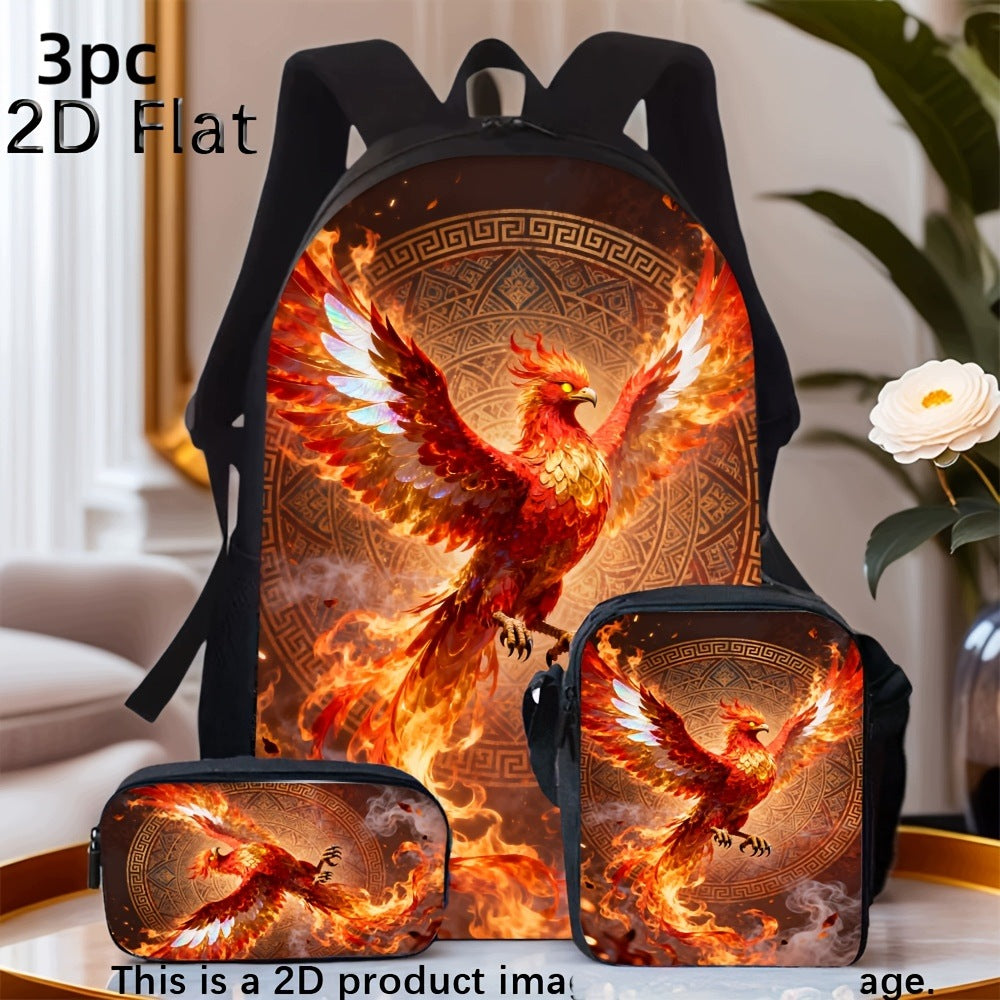 Fire Phoenix Print 3-Piece Backpack Set with Two Storage Bags
