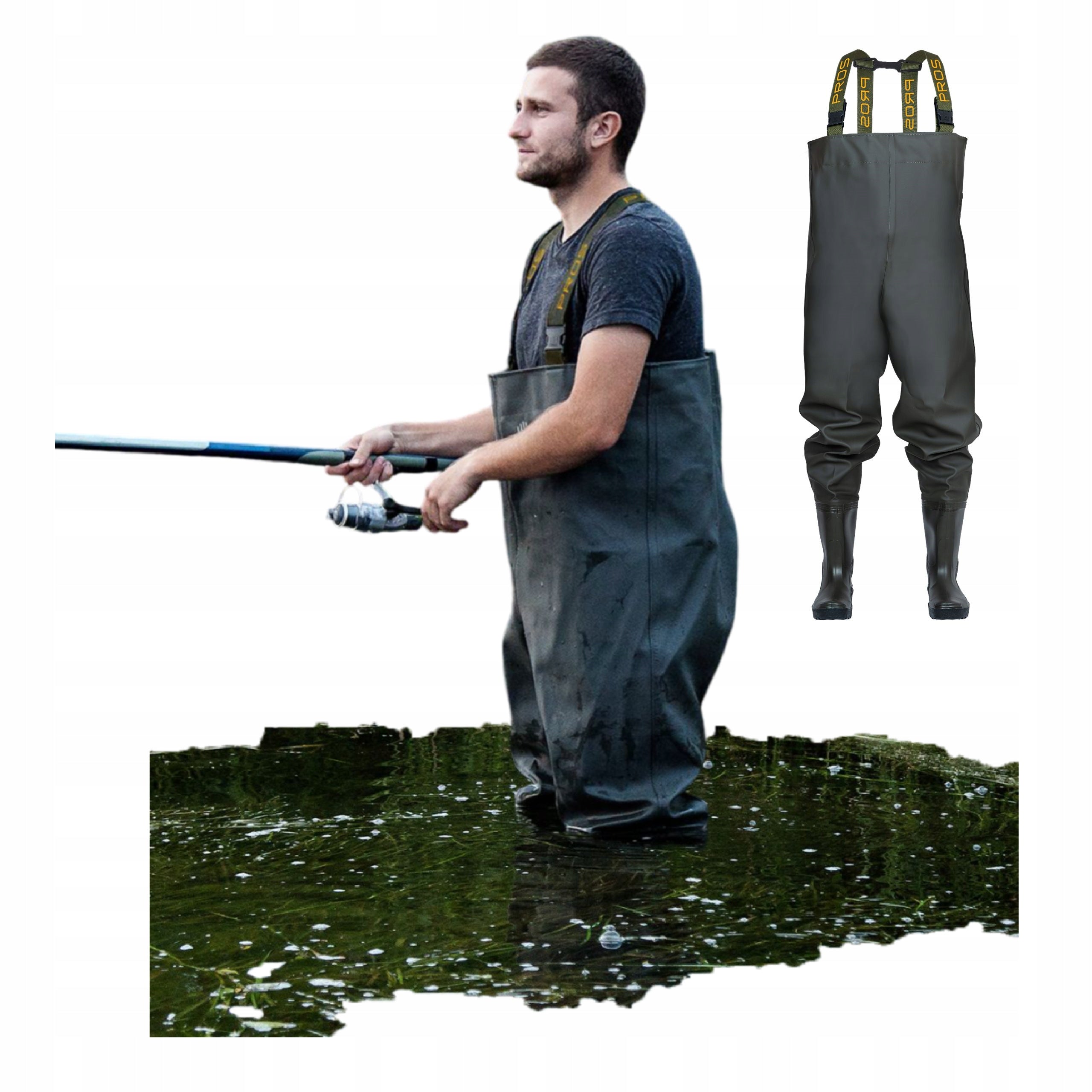 Fishing Bottoms PROS Wodery Fishing Pants with Harness POLISH Manufacturer code Spodniobuty SB01 zielone 48