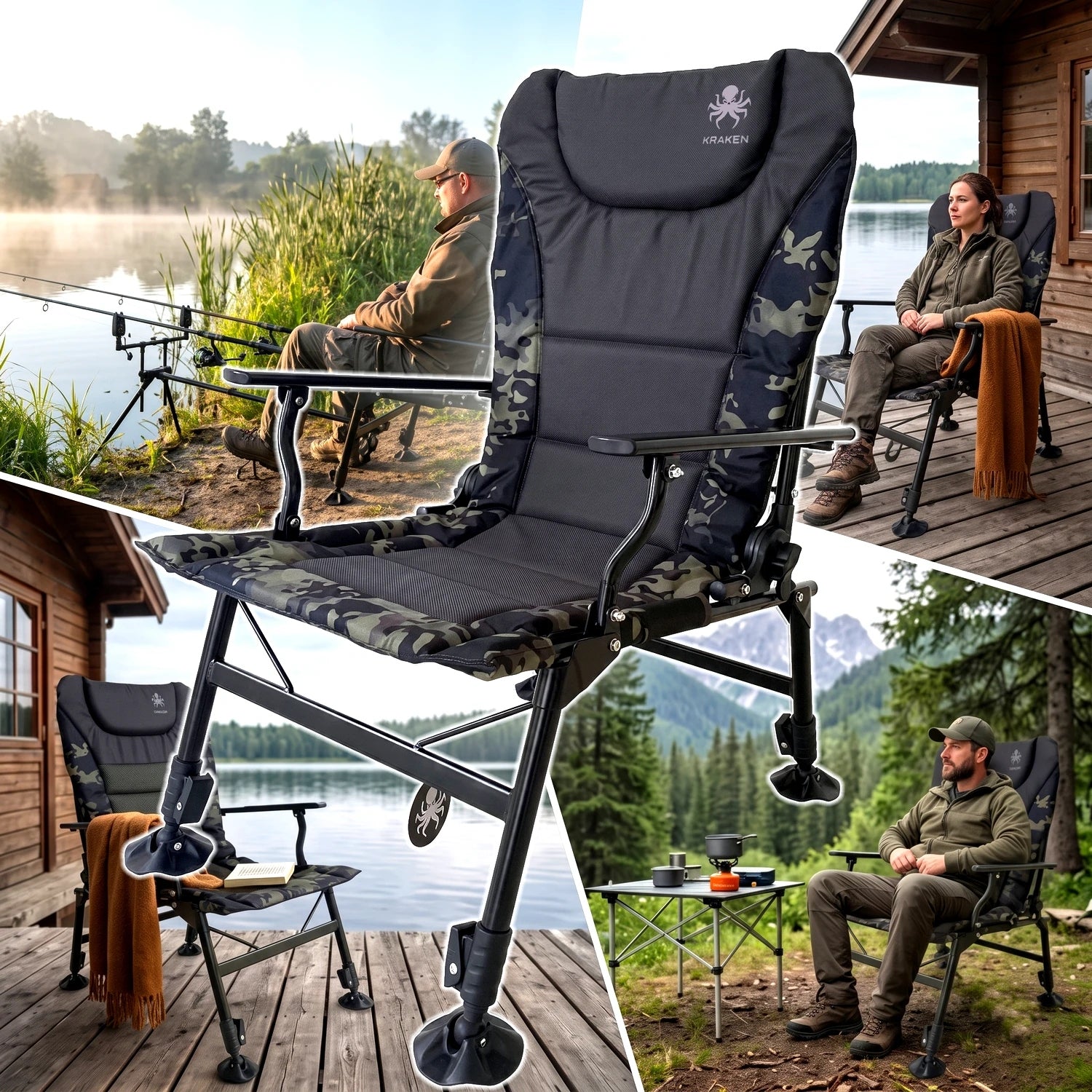 Fishing Chair Folding KRAKEN CAMO Hiking Chair Adjustable 150kg Brand KRAKEN