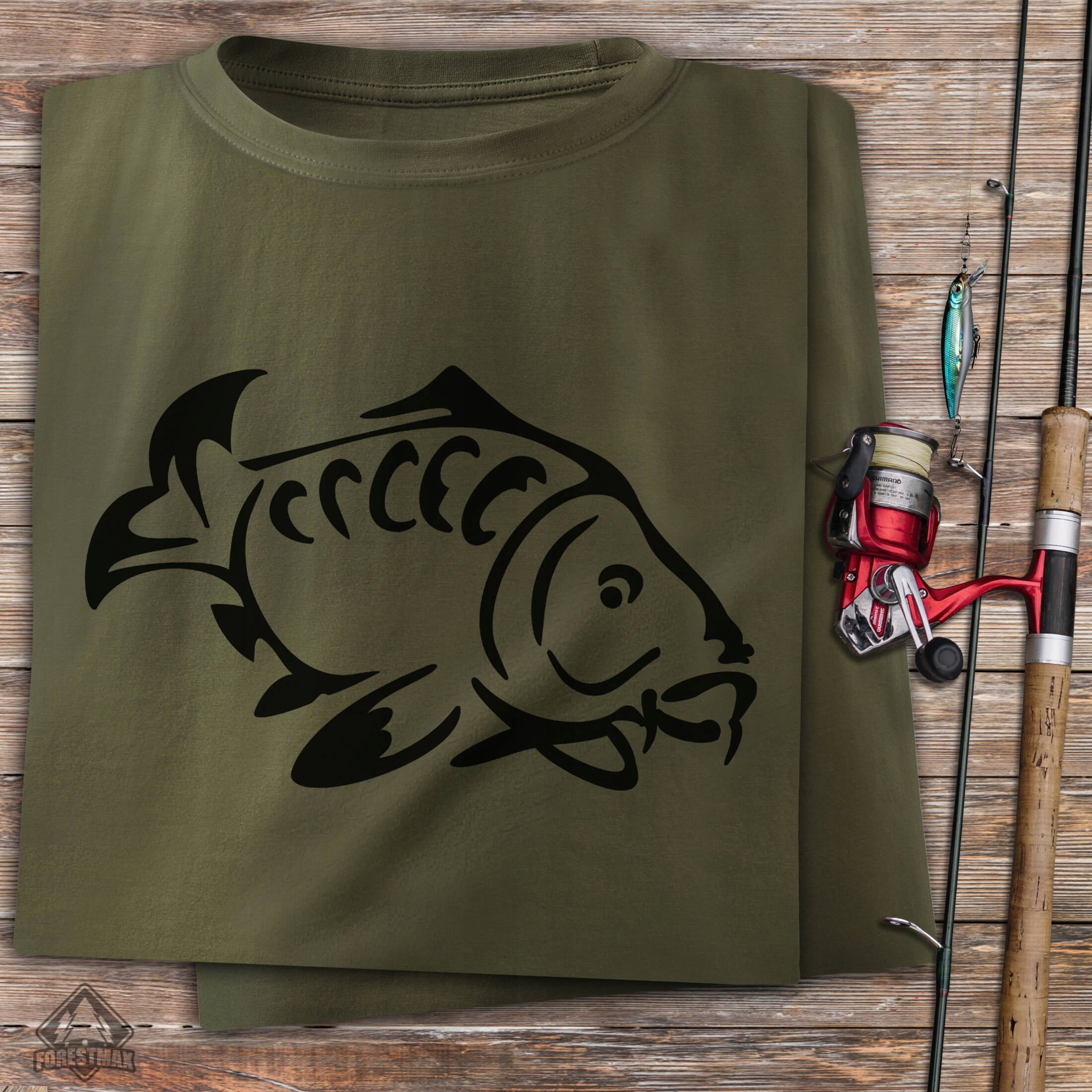 Fishing T-shirt 100% cotton color military green large print KARP - XL Size XL