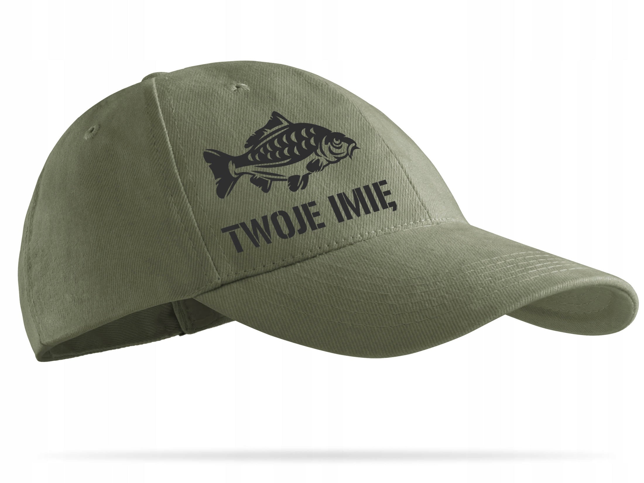 Fishing cap khaki KARP + YOUR INSCRIPTION - gift Color green