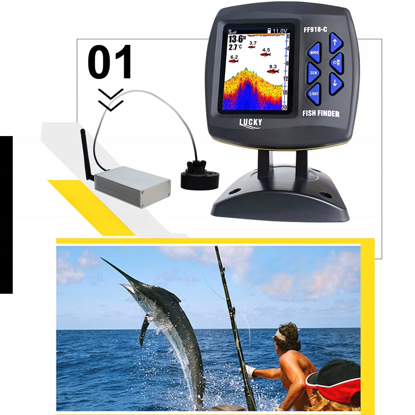Fishing echo sounder sonar Lucky FF918-CWLS range 300 m LCD screen color Brand no brand