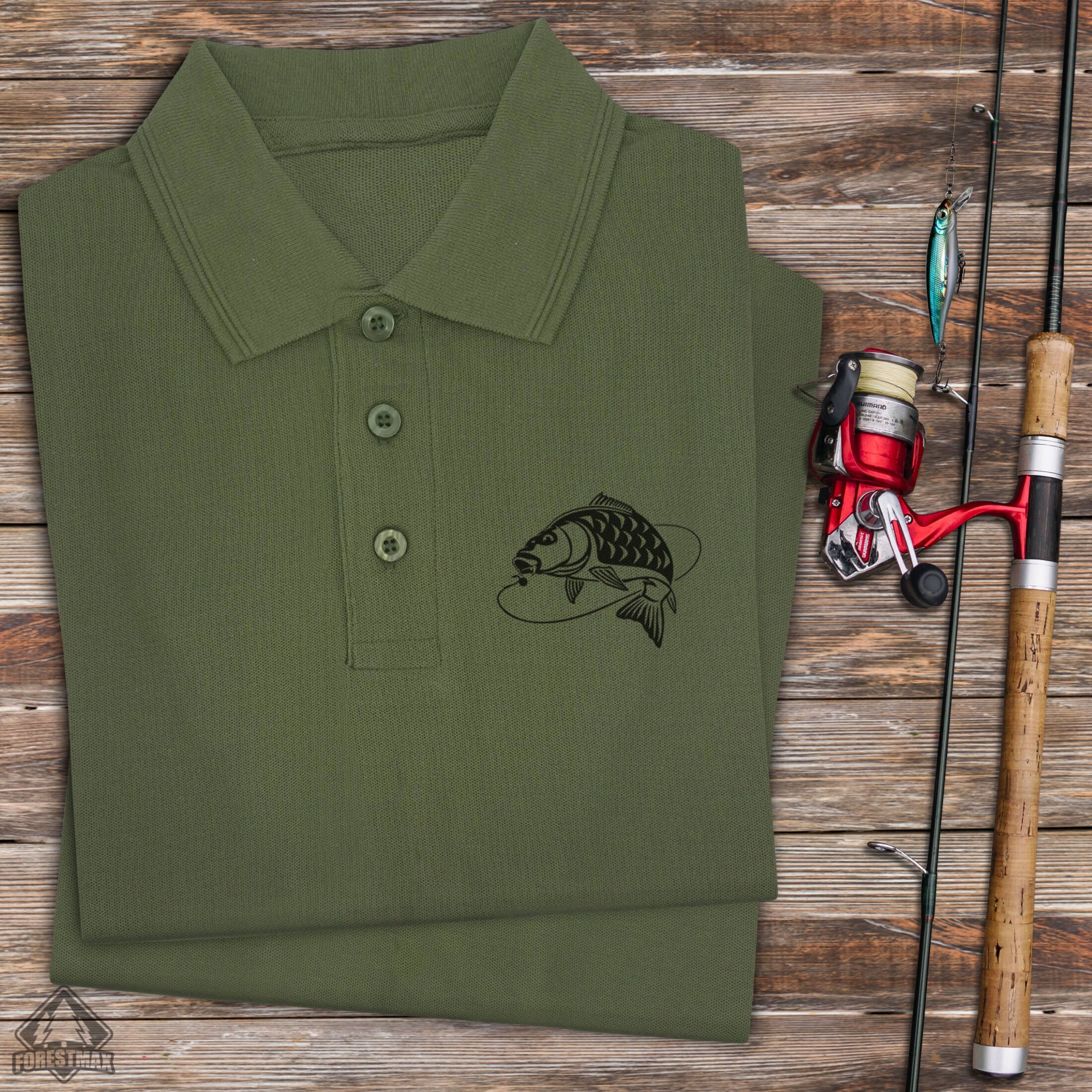 Fishing khaki fish T-shirt with collar print KARP for gift Manufacturer code Koszulka polo na ryby wzór - FM/WZ/16