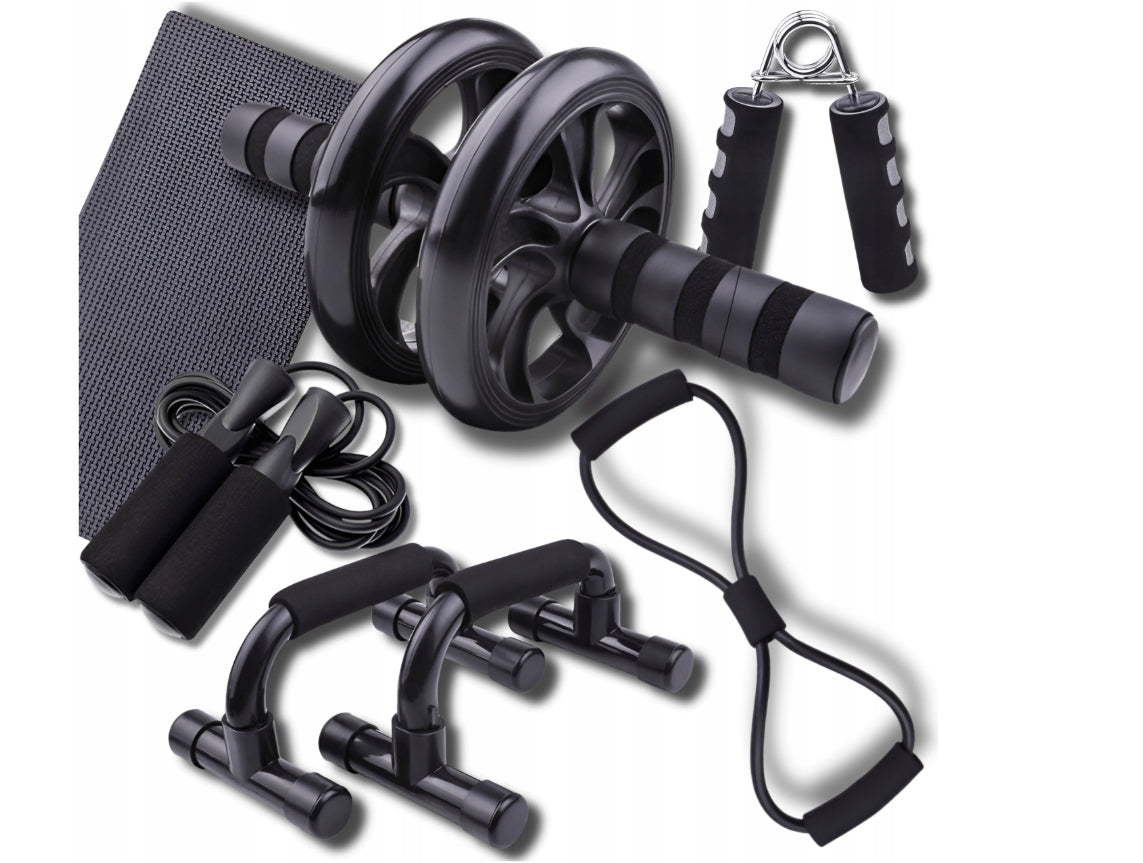 Fitness Exercise Set 7in1 Roller Jump Rope Squeezer Handles Black and Grey