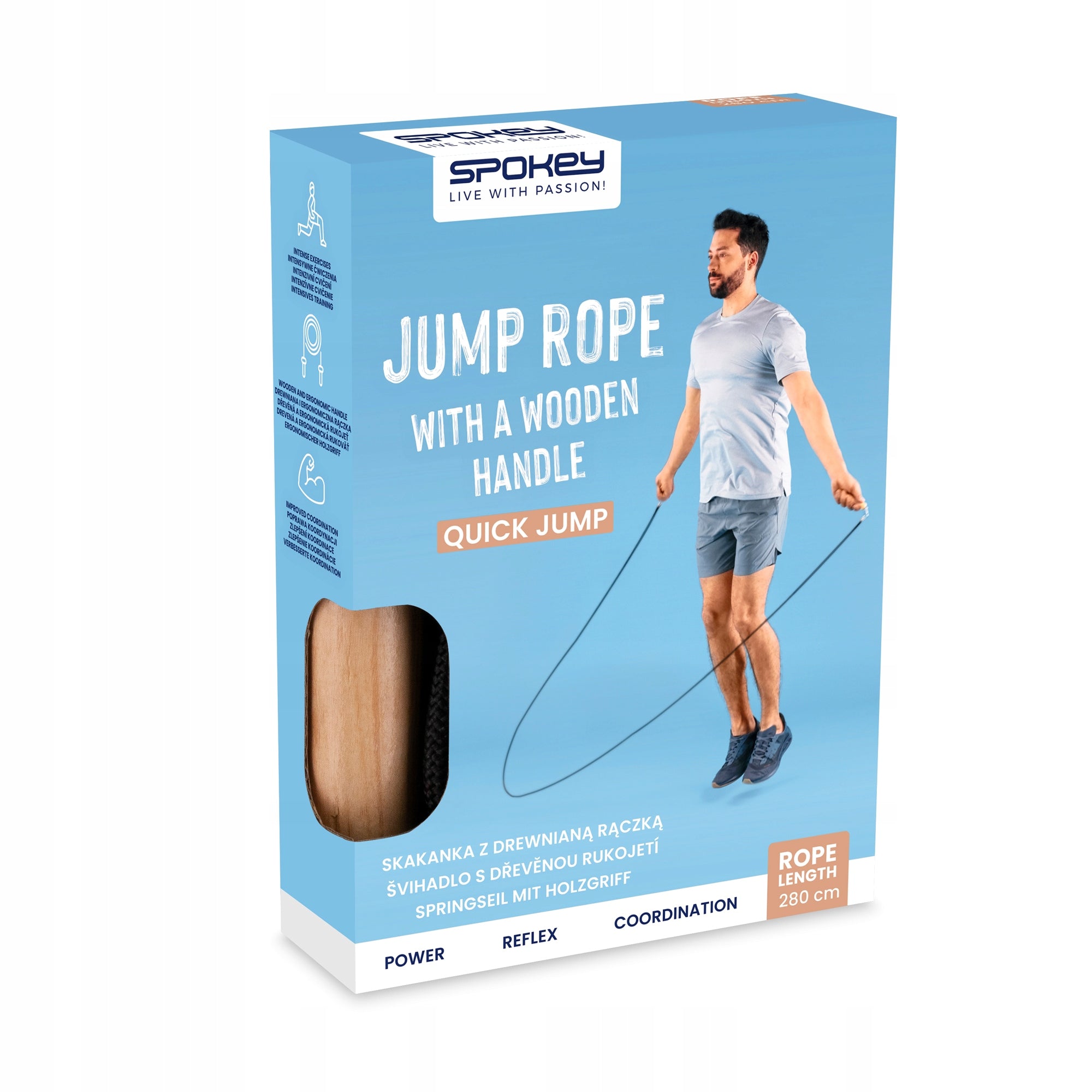 Fitness training string jump rope with wooden handle Spokey QUICK JUMP Color black