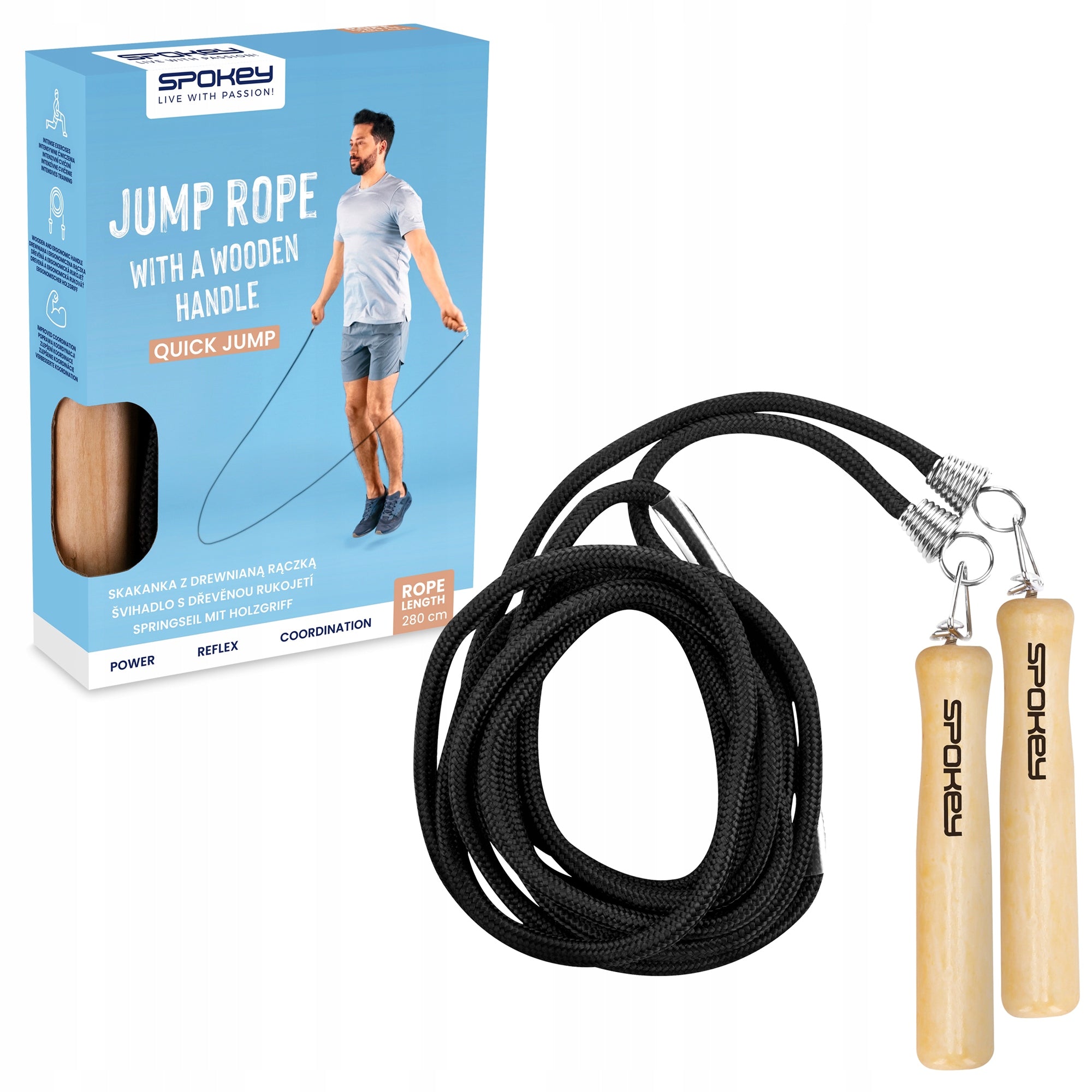 Fitness training string jump rope with wooden handle Spokey QUICK JUMP EAN (GTIN) 5901180387521