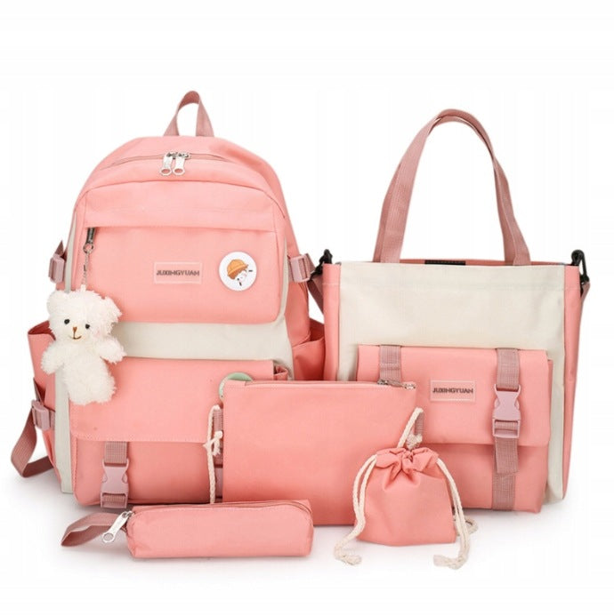 Five-piece set: roomy canvas backpack in a fresh, bright style