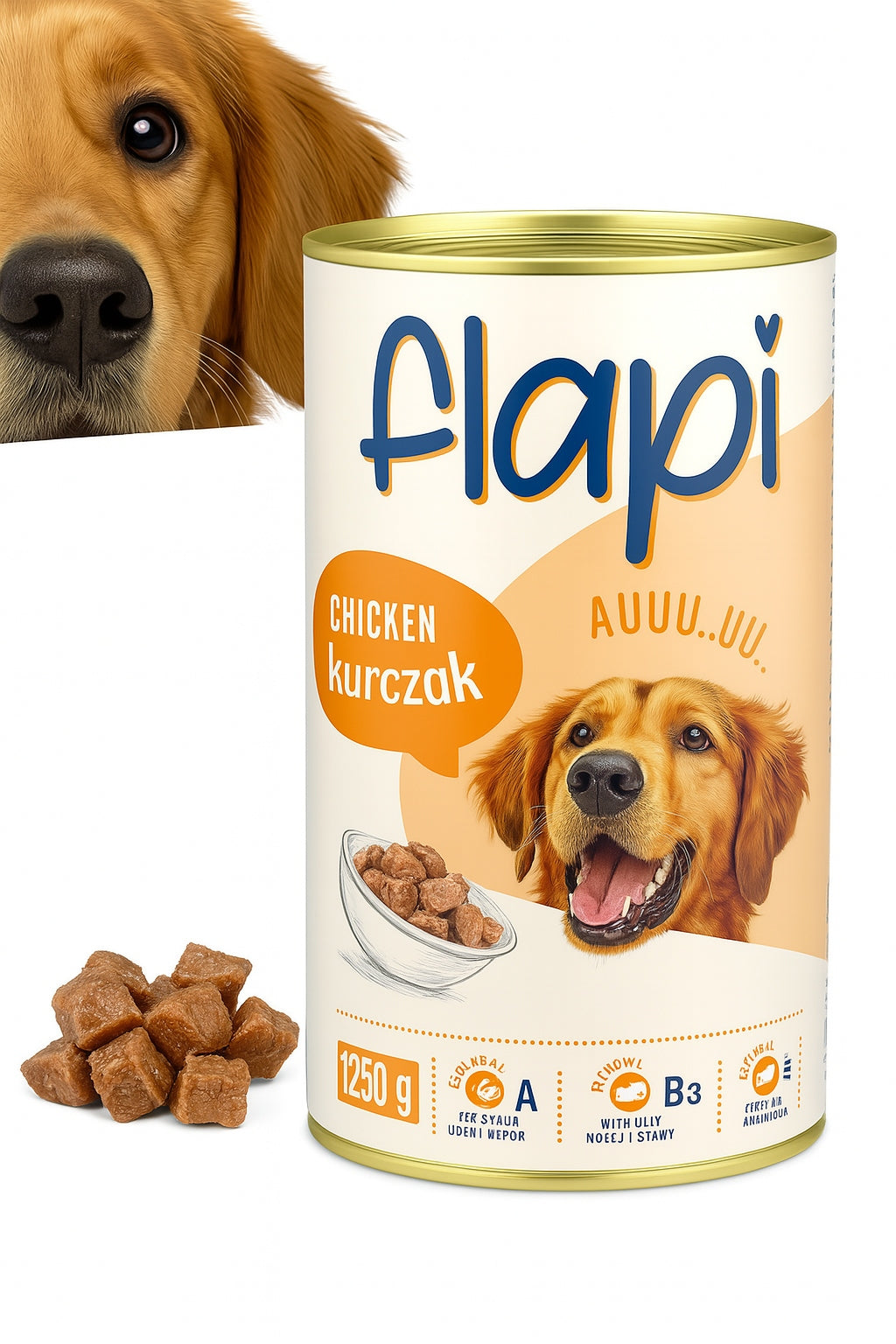 Flapi wet dog food in a can with chicken in sauce 1250g Packaging status original