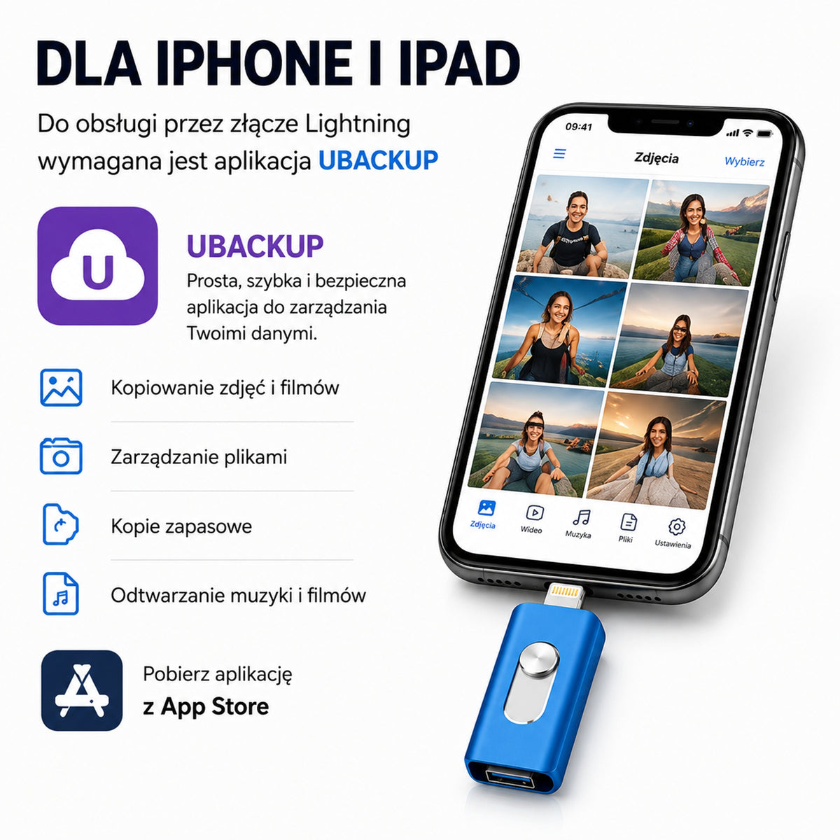Flash Drive Blue Metal 32GB 3in1USB 3.0 iPhone Lightning Android Micro USB Packaging status original