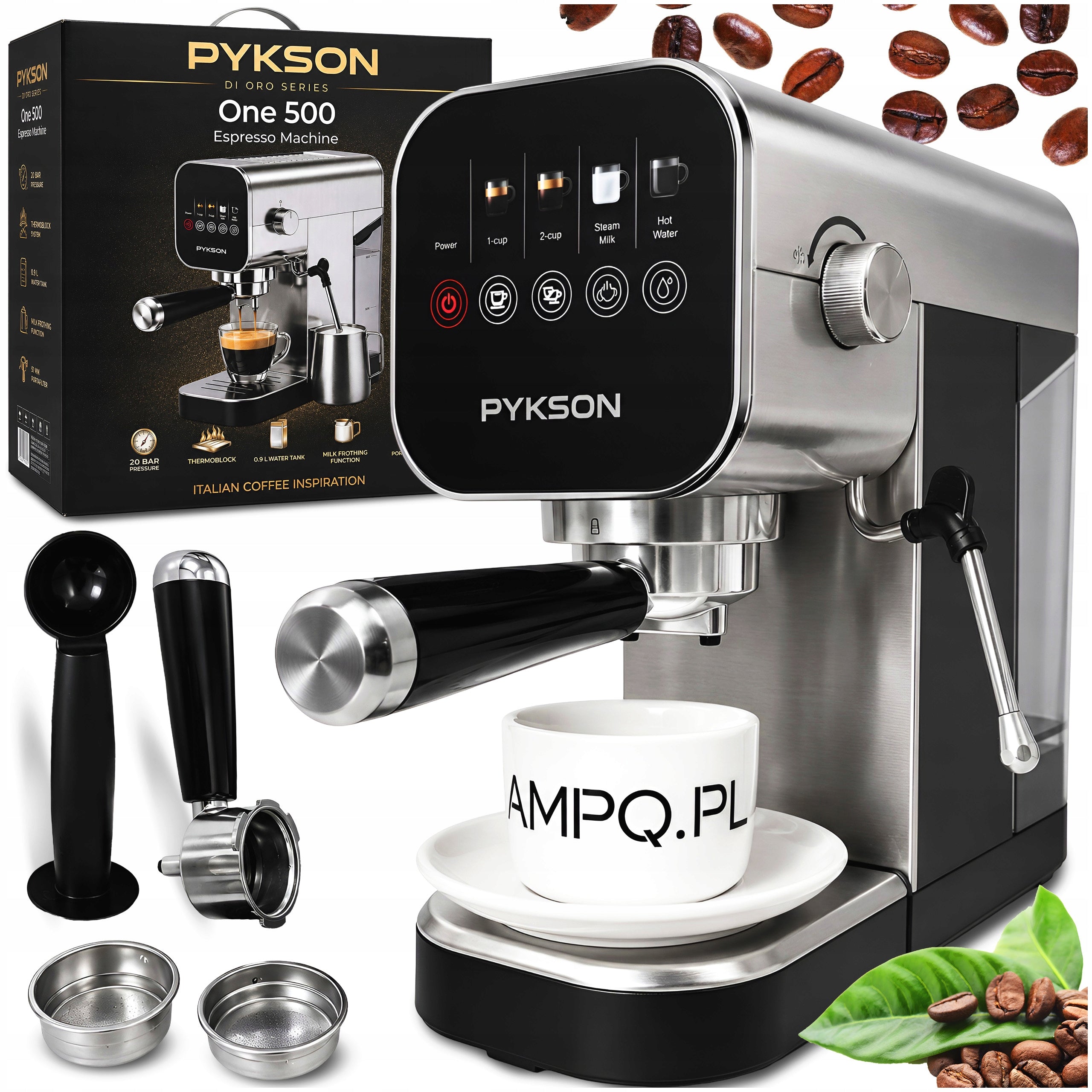 Flask espresso machine SILVER 20 BAR | PYKSON Di Oro One 500 - 1300 W