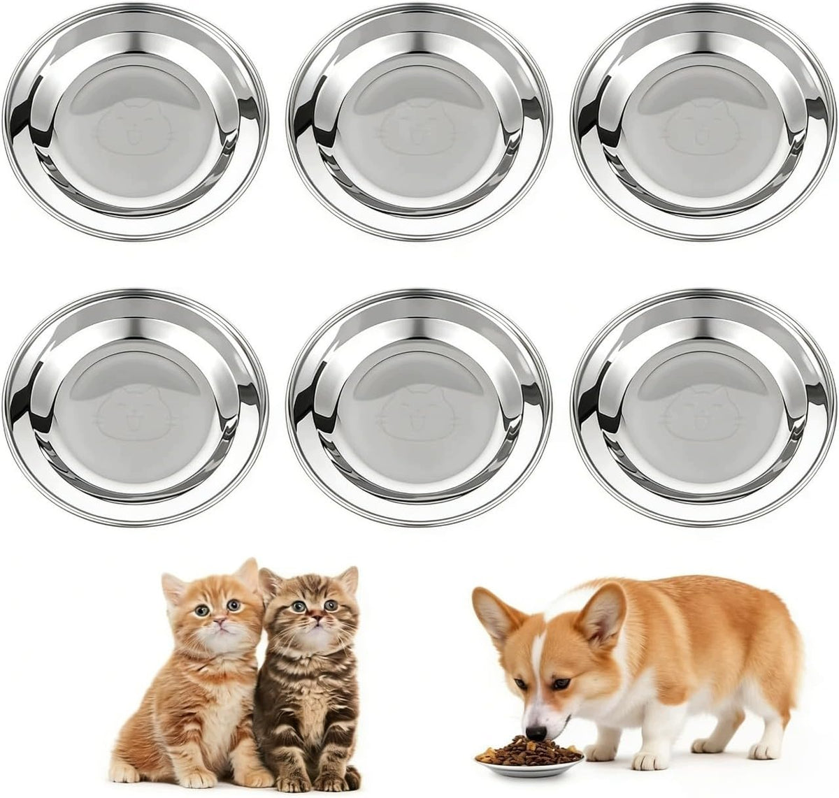 Flat Cat Bowls 6 Pack Stainless Steel 14 cm Cartoon Designs