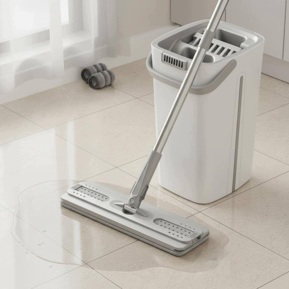 Flat Floor Mop and Bucket Built in Squeegee Self Wringing Mop Blue 2 Pads Packaging status original