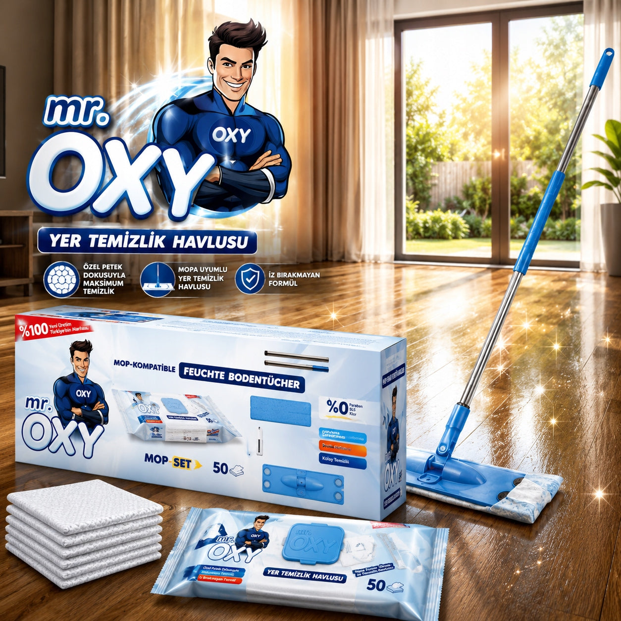 Flat Mop For Floors + 50 Mr OXY Scarves For Panels and Tiles XXL 2 pcs Manufacturer code sprzątanie dom kurz czystość świeżość panele