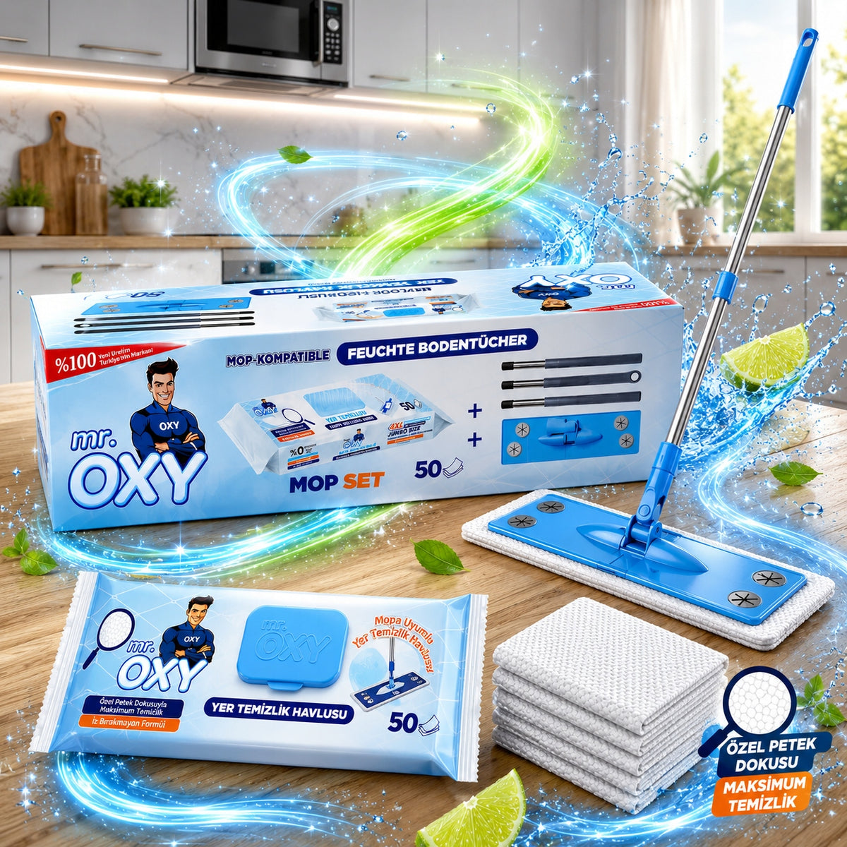 Flat Mop For Floors + 50 Mr OXY Scarves For Panels and Tiles XXL 2 pcs Packaging status original