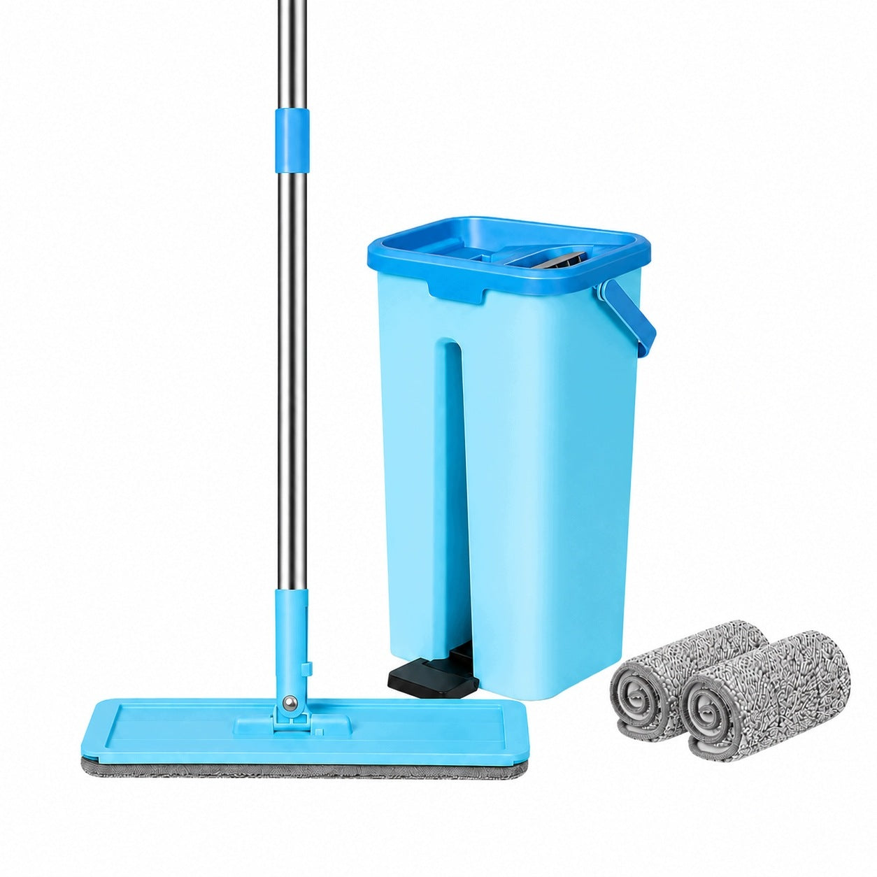 Flat Mop with Bucket 2in1 Squeezing Without Touching 2 Microfiber Cartridges