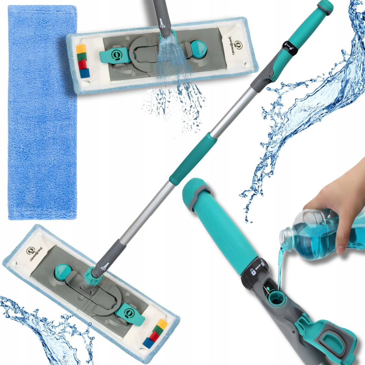 Flat Mop with Sprayer Stick Microfiber Absorbent Cartridge Set CleanGang