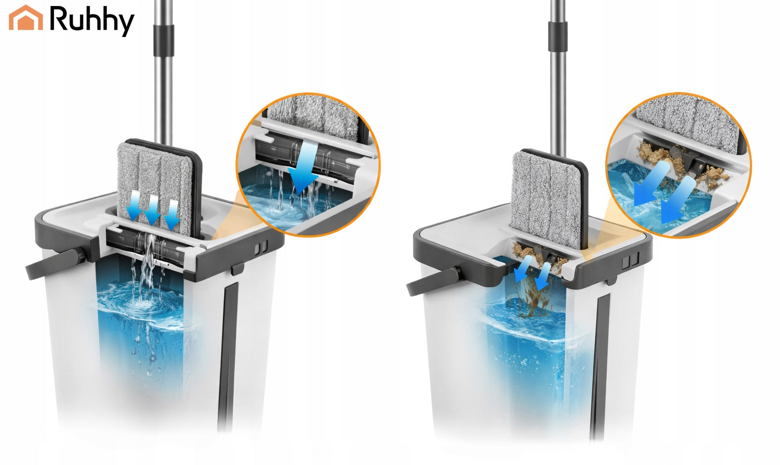 Flat Mop with Squeezer Bucket Double Chamber Clean Dirty Water 11L 3 Cartridges Packaging status original