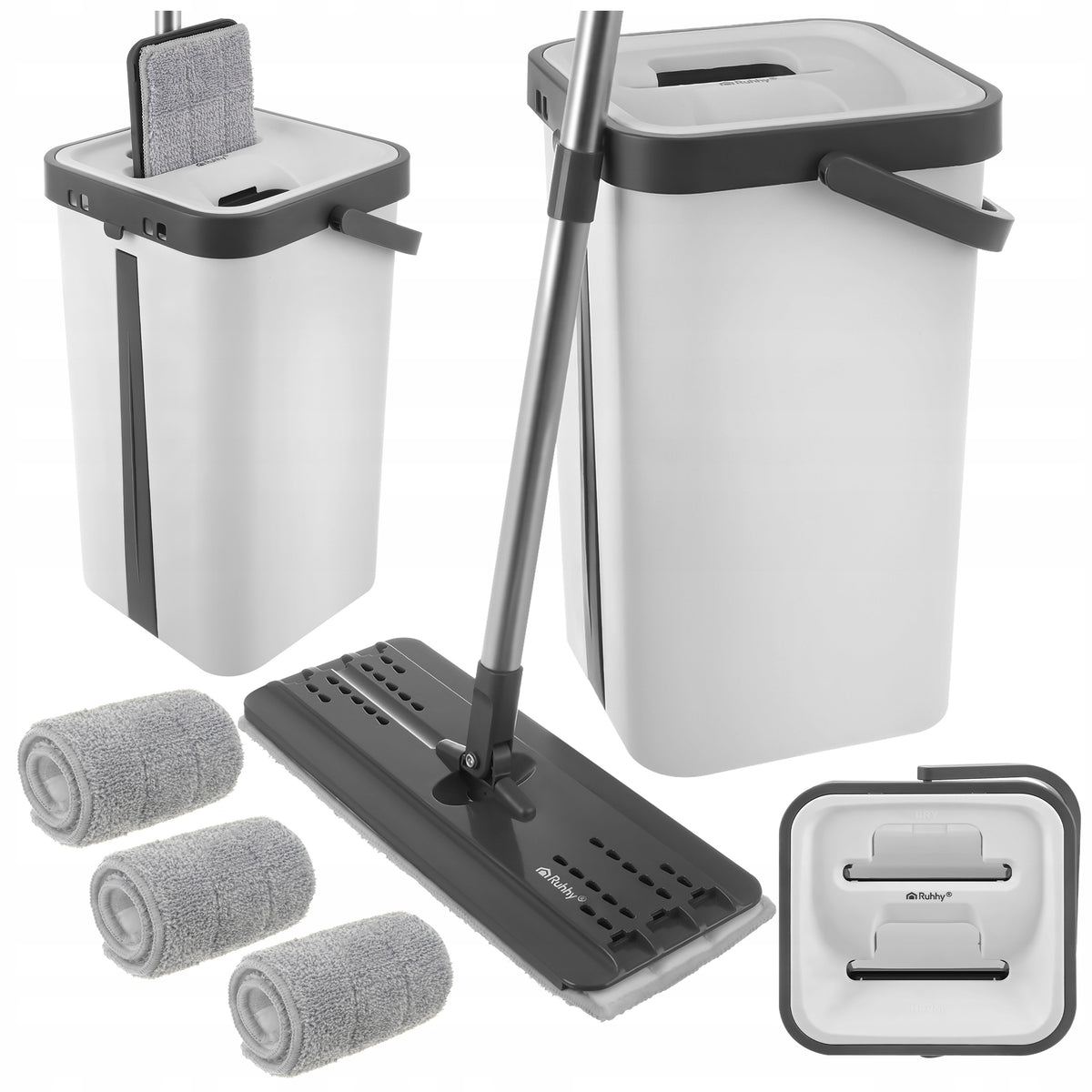 Flat Mop with Squeezer Bucket Double Chamber Clean Dirty Water 11L 3 Cartridges