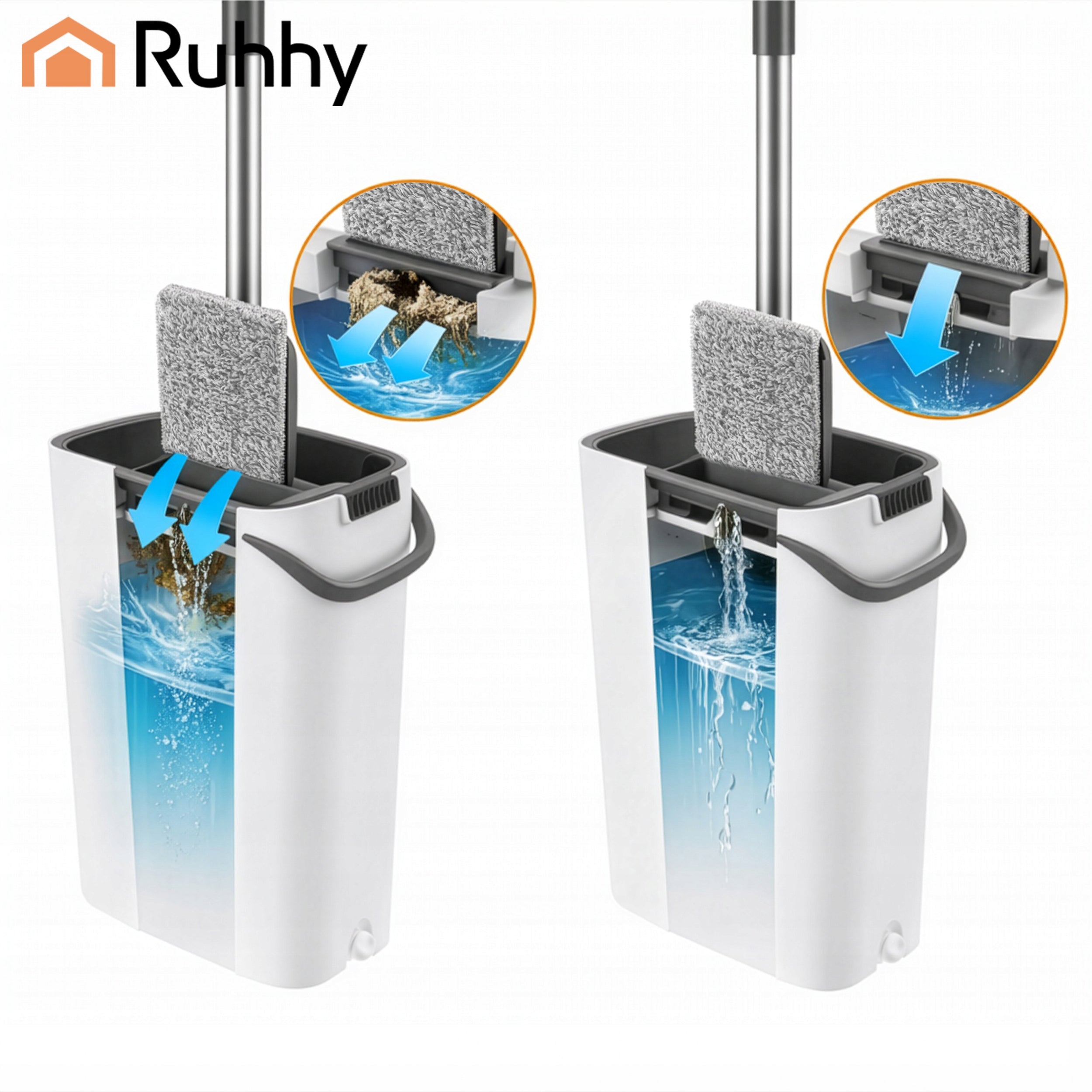 Flat Mop with Squeezer Bucket Two Chamber 8,5 Clean Dirty Water 3 Cartridges Packaging status original