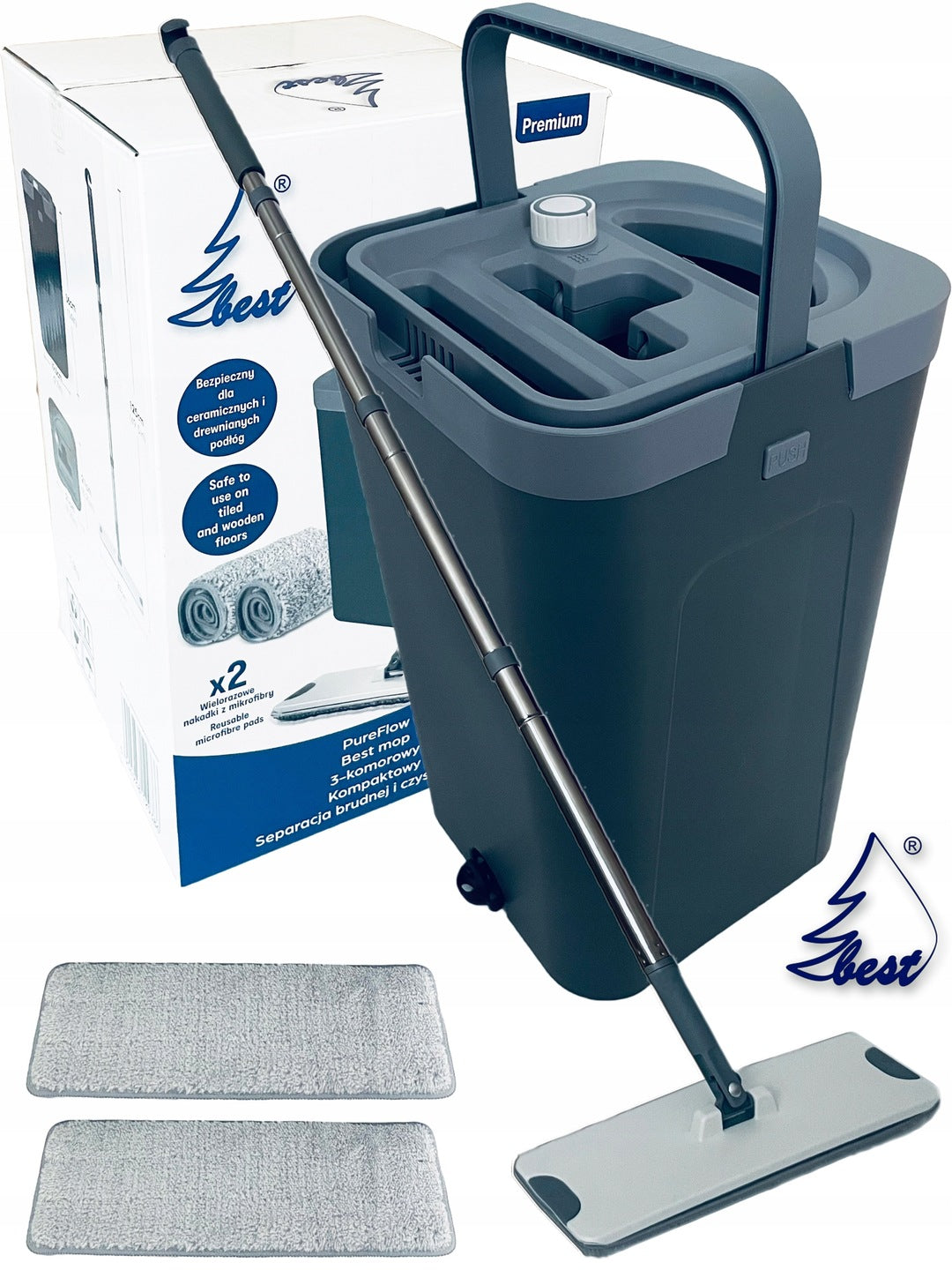Flat mop 3 CHAMBER compact BEST SEPARATION Clean Dirty Water 2 cartridges Packaging status original